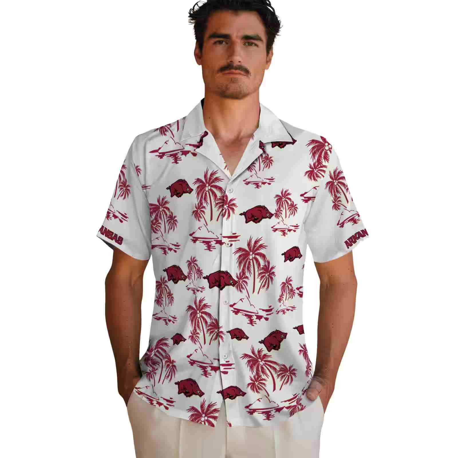 arkansas razorbacks palm island print red white hawaiian shirt fashion forward