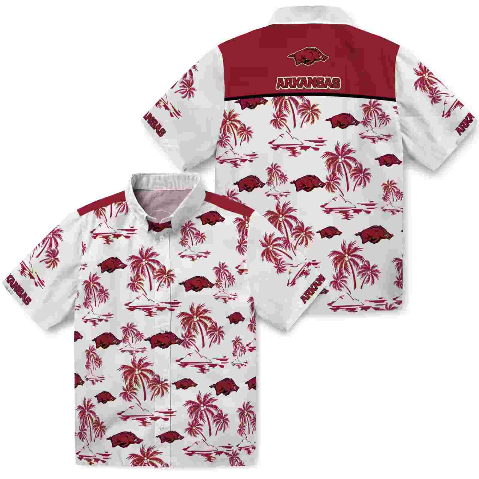 arkansas razorbacks palm island print red white hawaiian shirt high quality