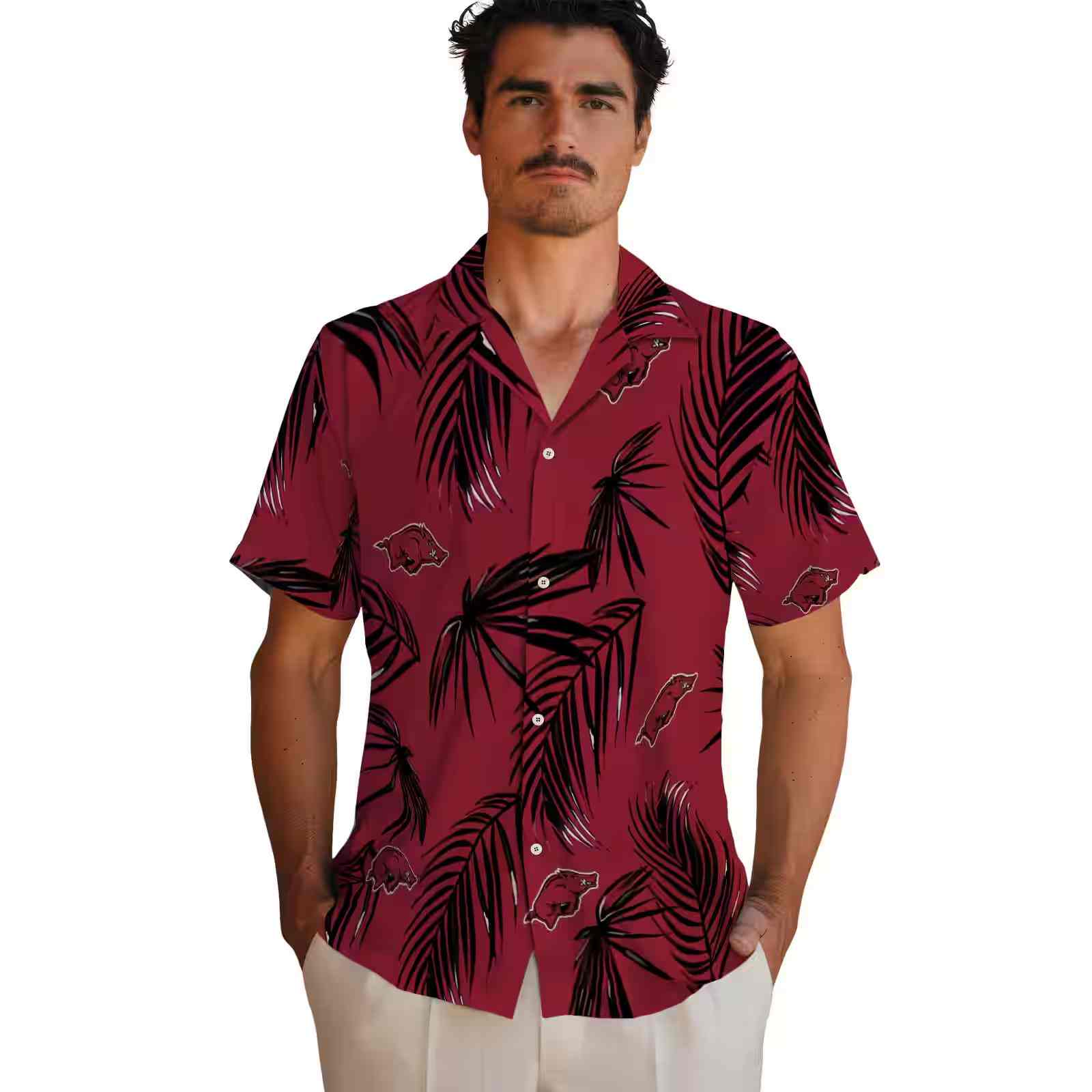 arkansas razorbacks palm leaf red hawaiian shirt fashion forward