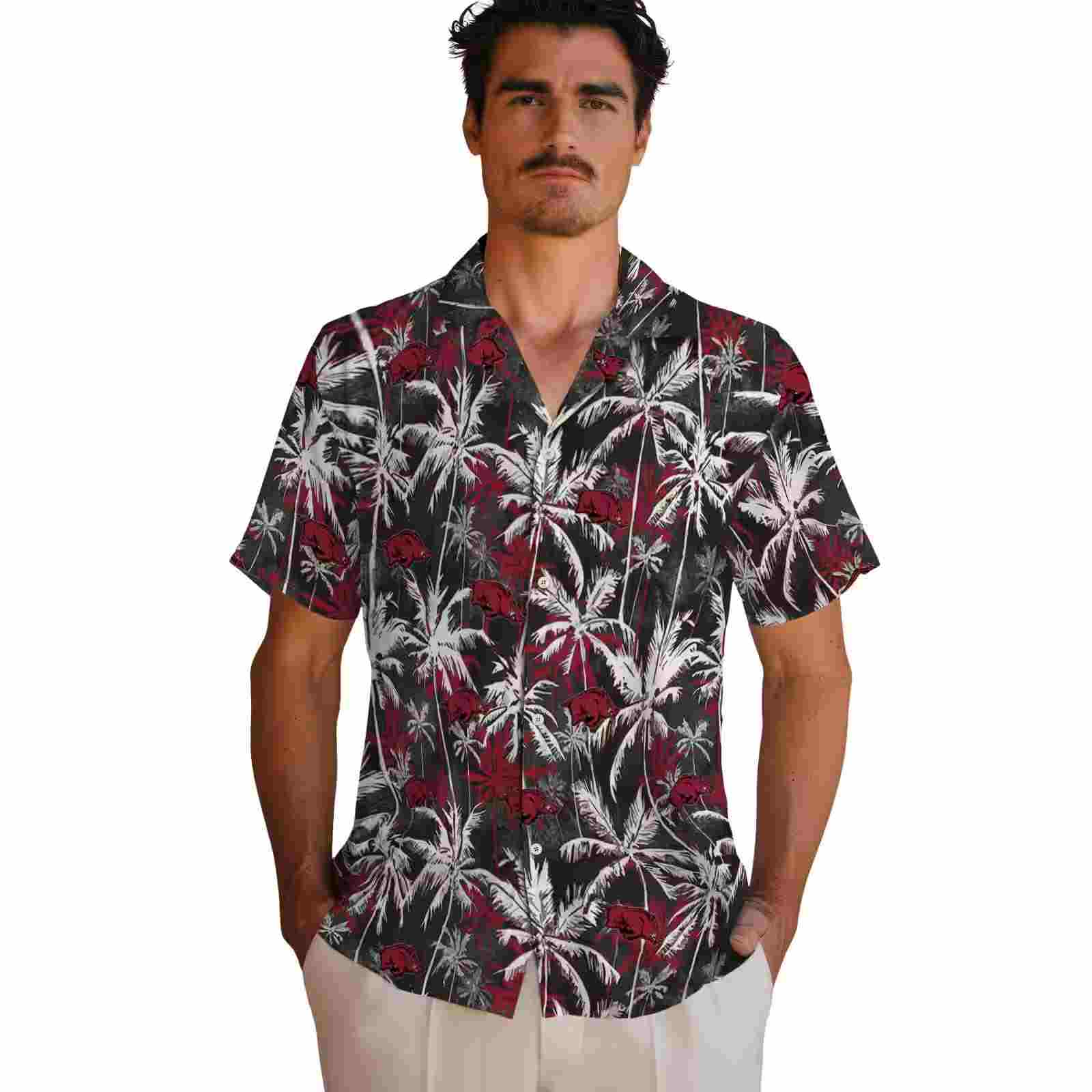 arkansas razorbacks palm pattern red black hawaiian shirt fashion forward