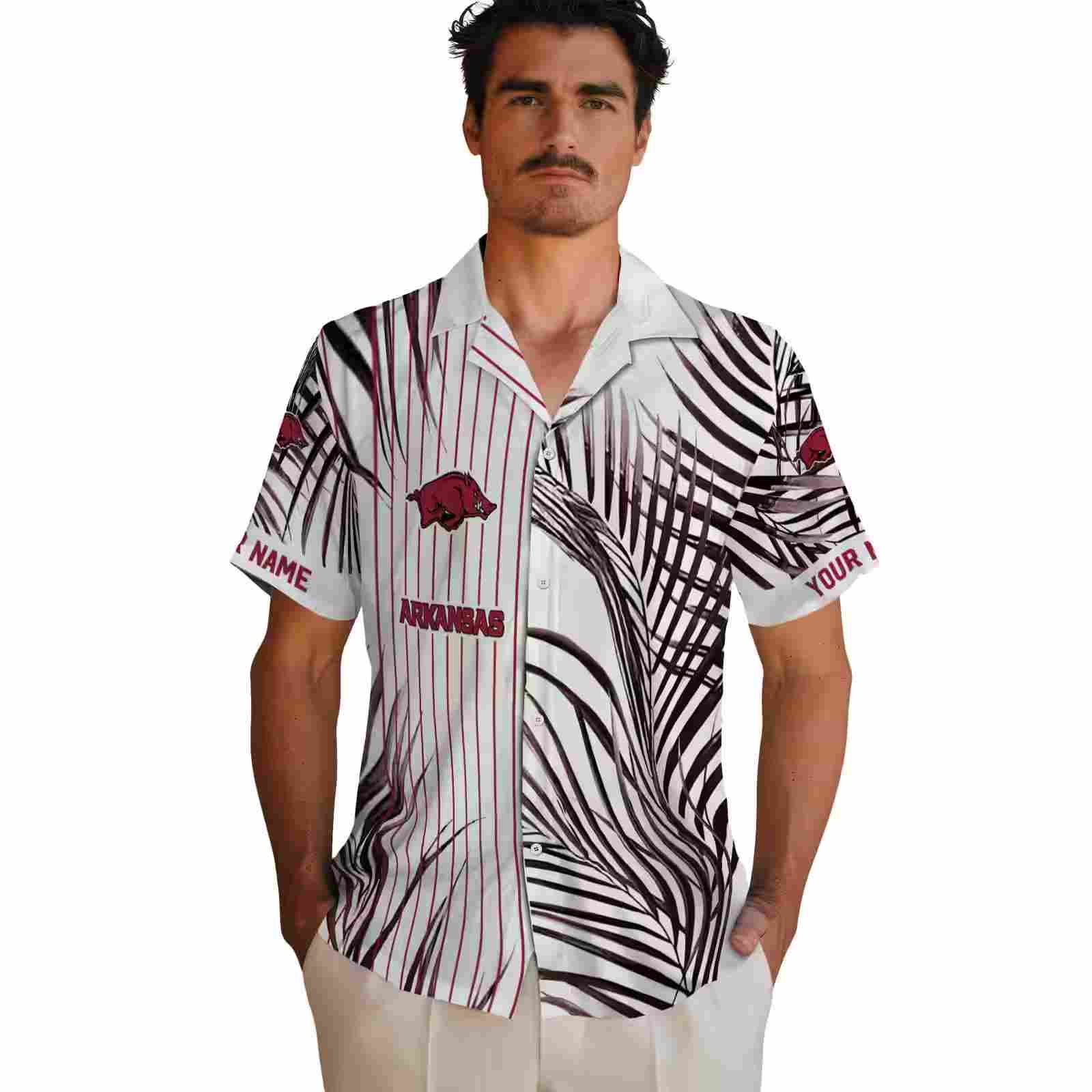 arkansas razorbacks palm stripes red black white hawaiian shirt fashion forward