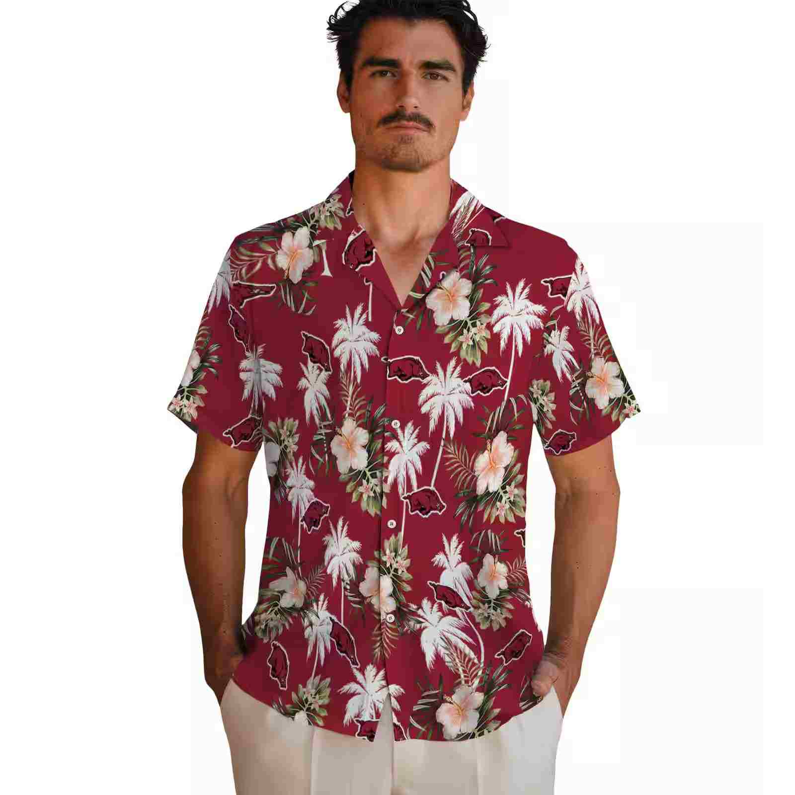 arkansas razorbacks palm tree flower red hawaiian shirt fashion forward