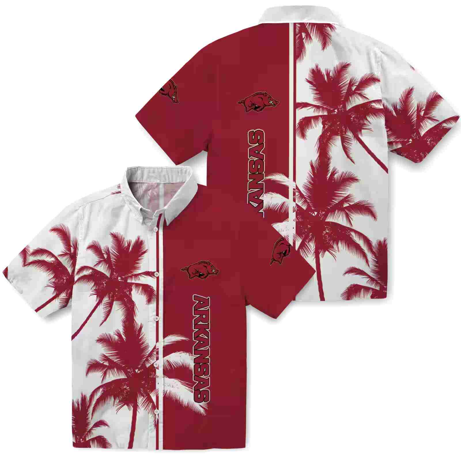 arkansas razorbacks palm trees red white hawaiian shirt high quality