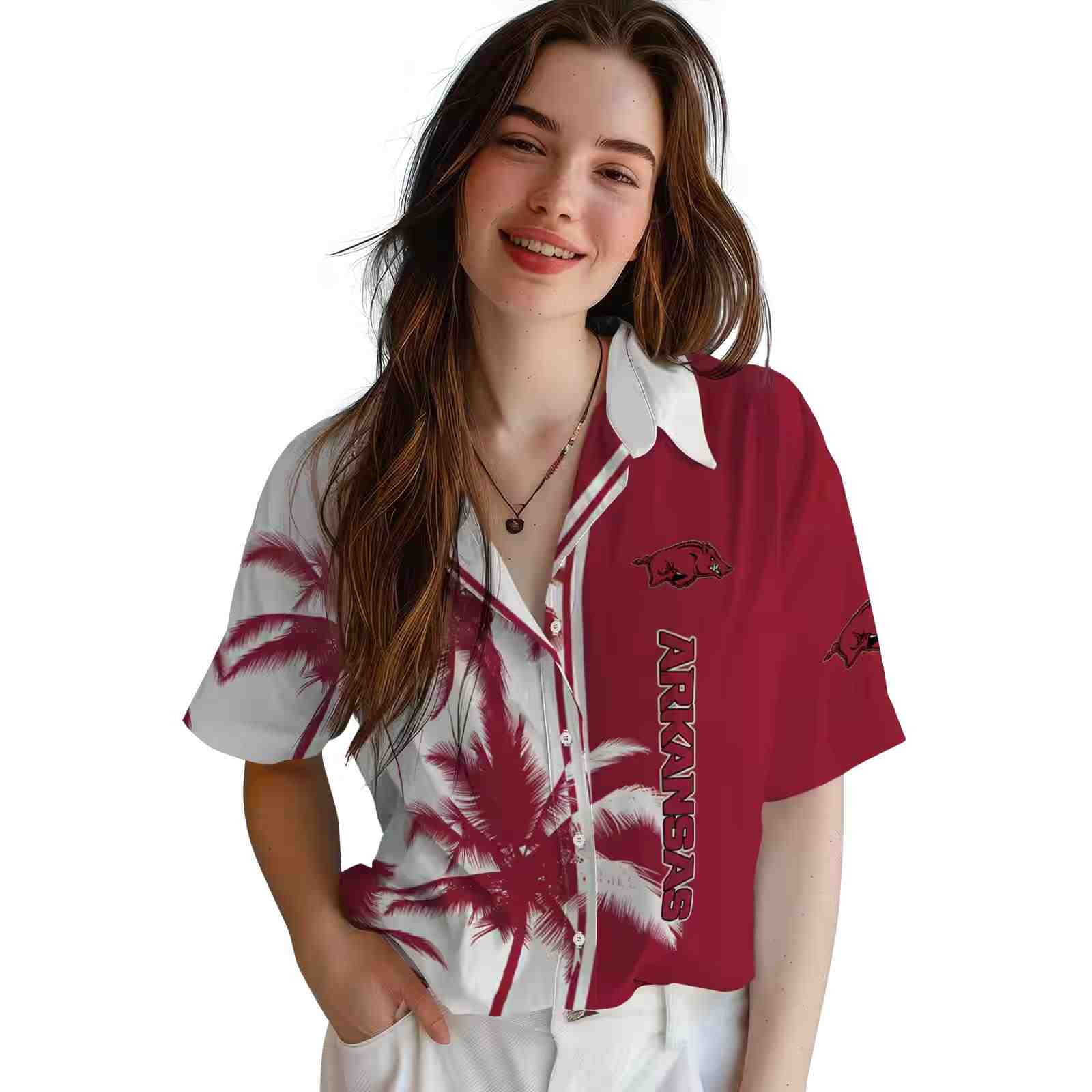 arkansas razorbacks palm trees red white hawaiian shirt latest model