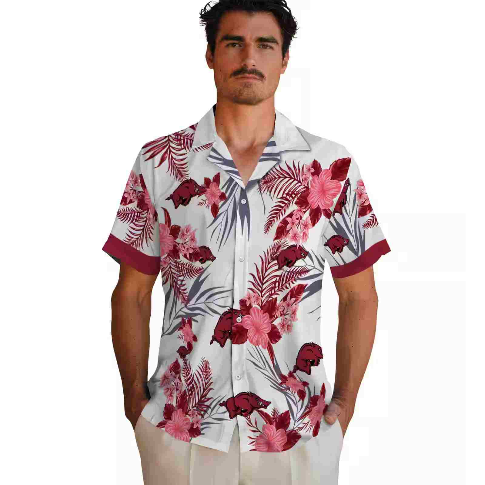 arkansas razorbacks patriotic hibiscus design red white hawaiian shirt fashion forward