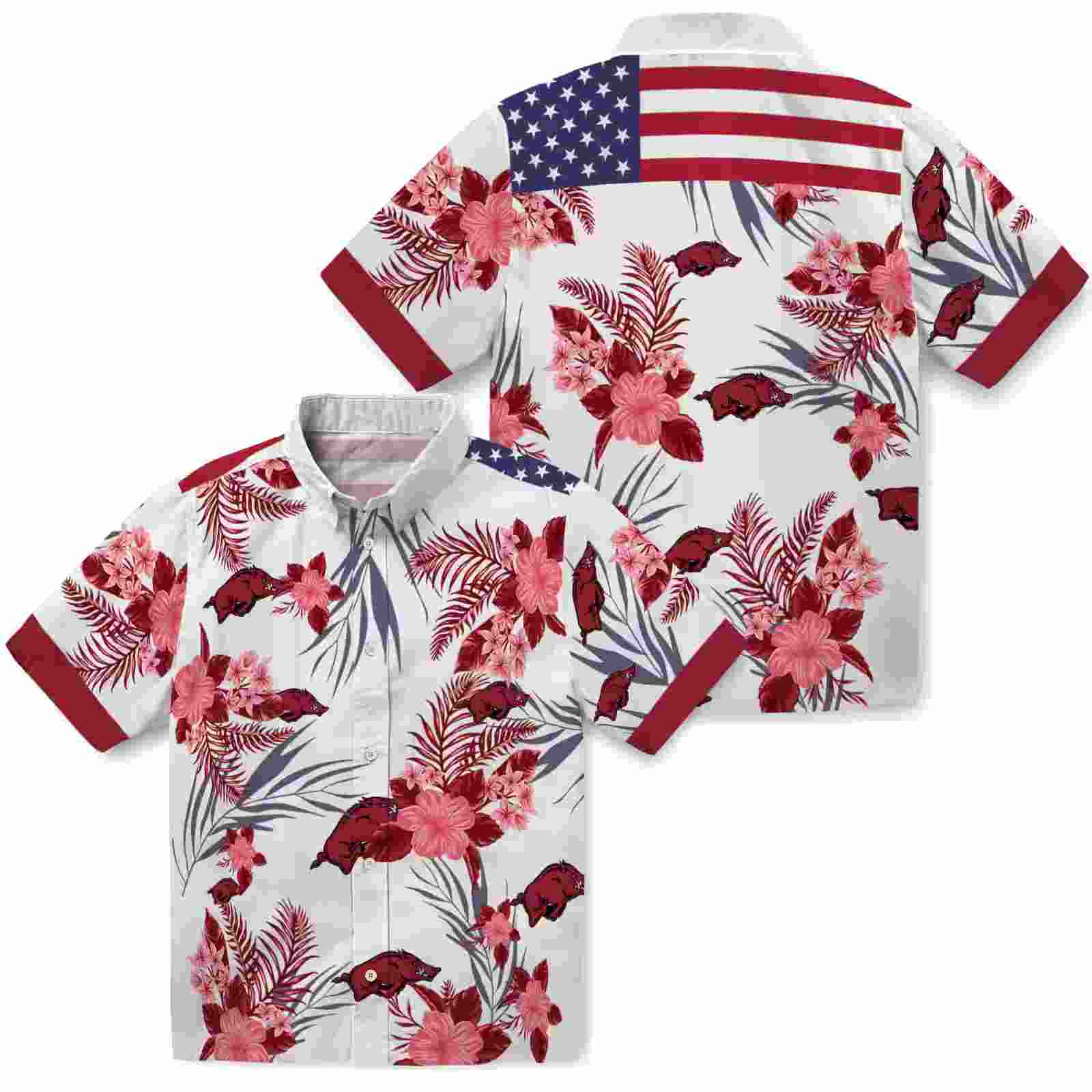 arkansas razorbacks patriotic hibiscus design red white hawaiian shirt high quality