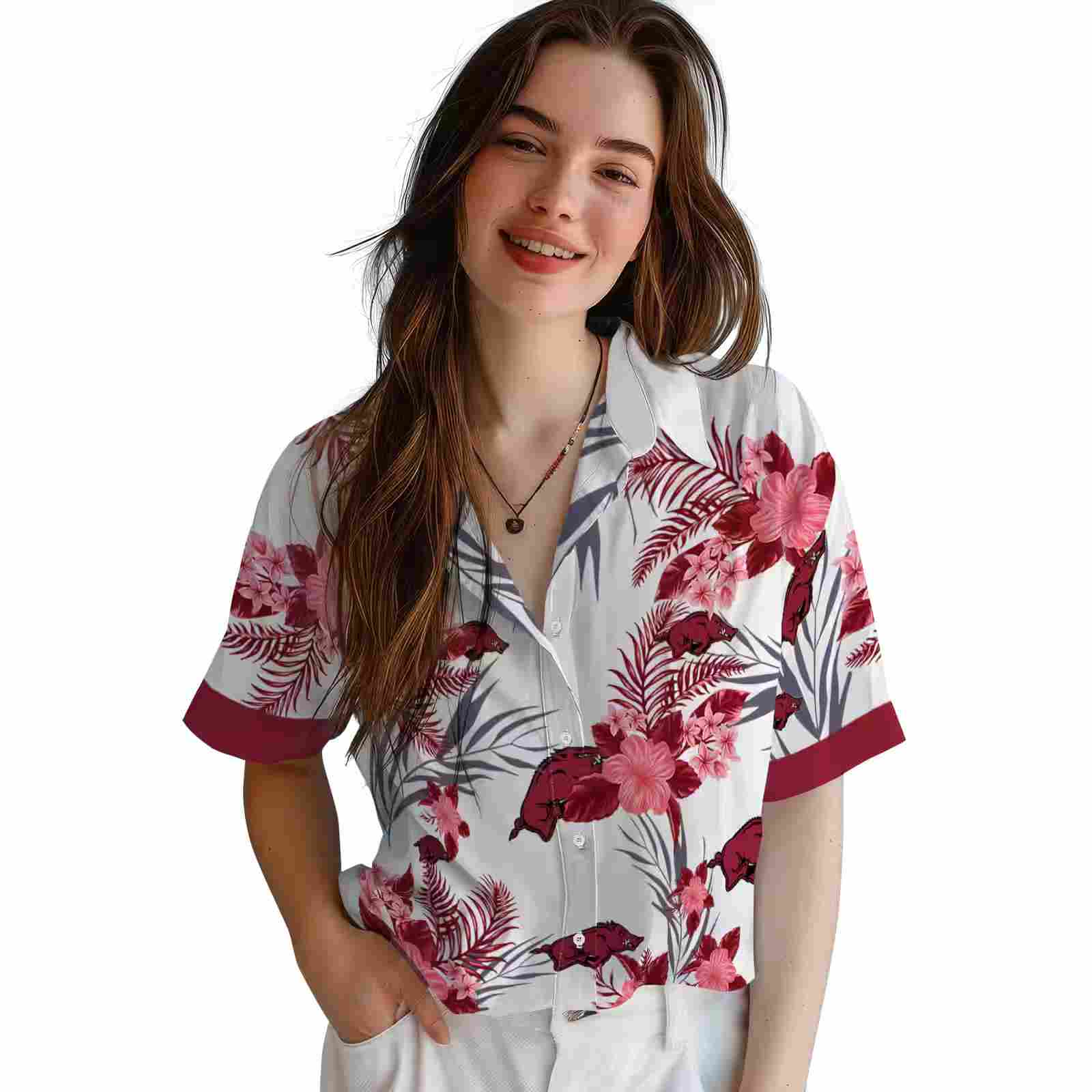 arkansas razorbacks patriotic hibiscus design red white hawaiian shirt latest model