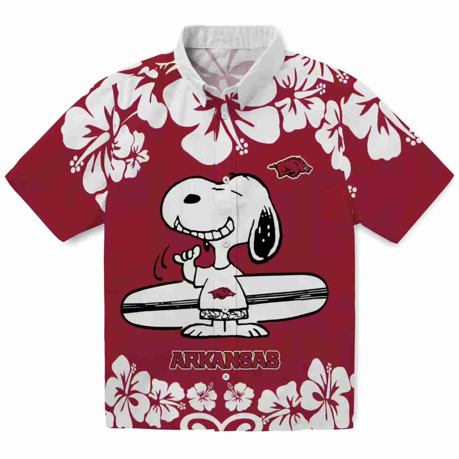 Arkansas Razorbacks Snoopy Surf Red White Hawaiian Shirt