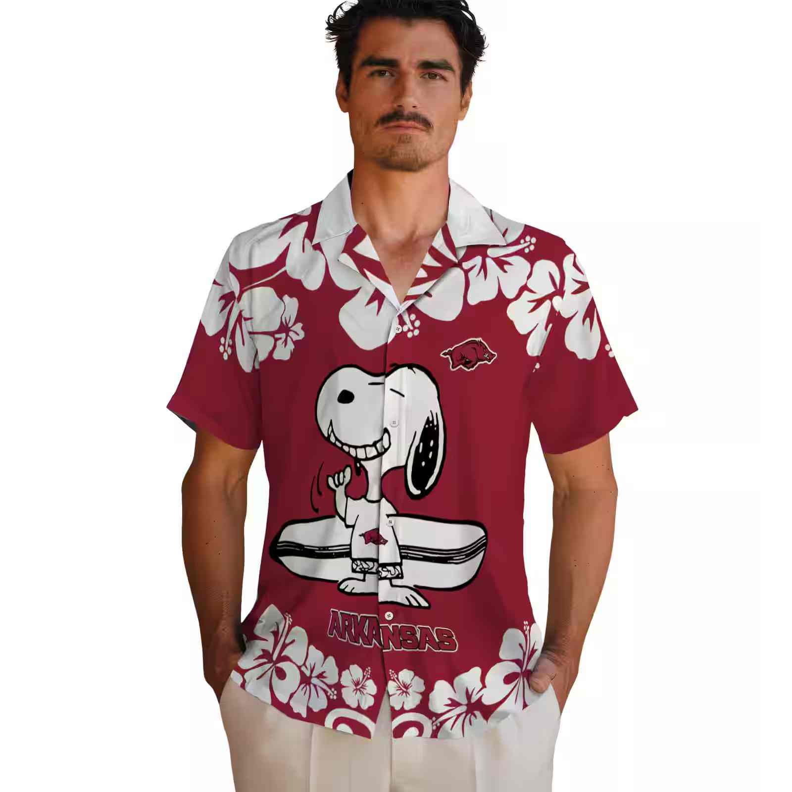 arkansas razorbacks snoopy surf red white hawaiian shirt fashion forward