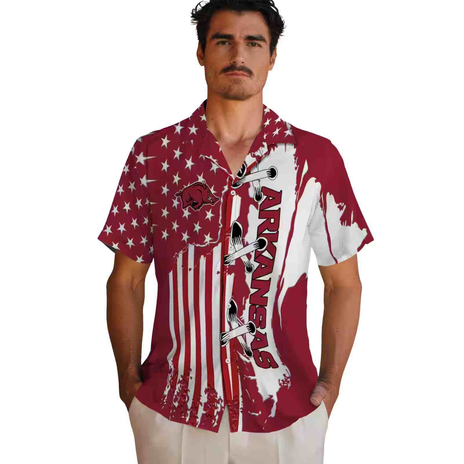 arkansas razorbacks stitched flag red hawaiian shirt fashion forward