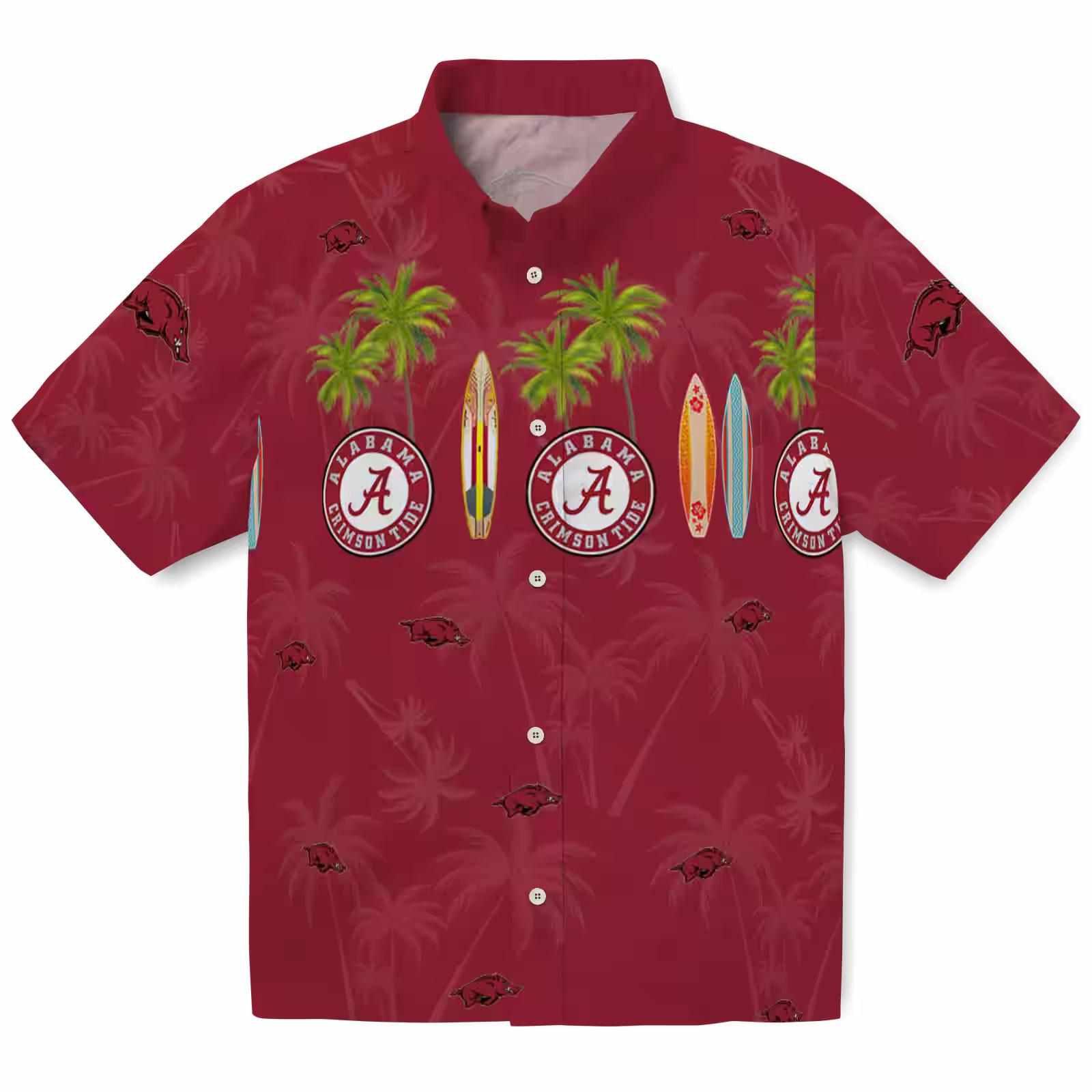 Arkansas Razorbacks Surfboard Palm Red Hawaiian Shirt