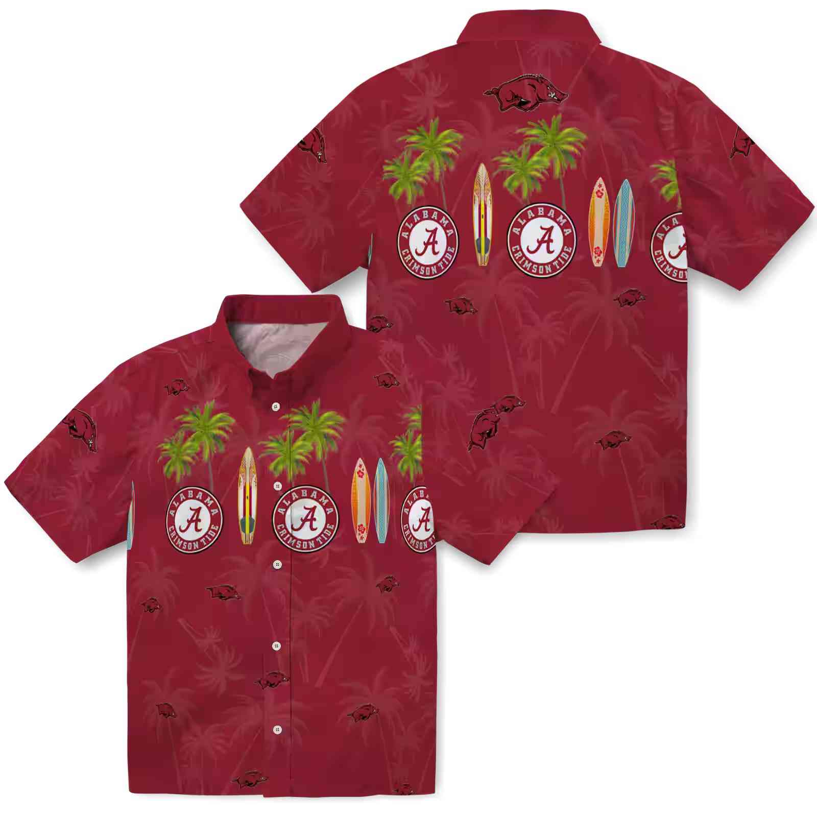 arkansas razorbacks surfboard palm red hawaiian shirt high quality