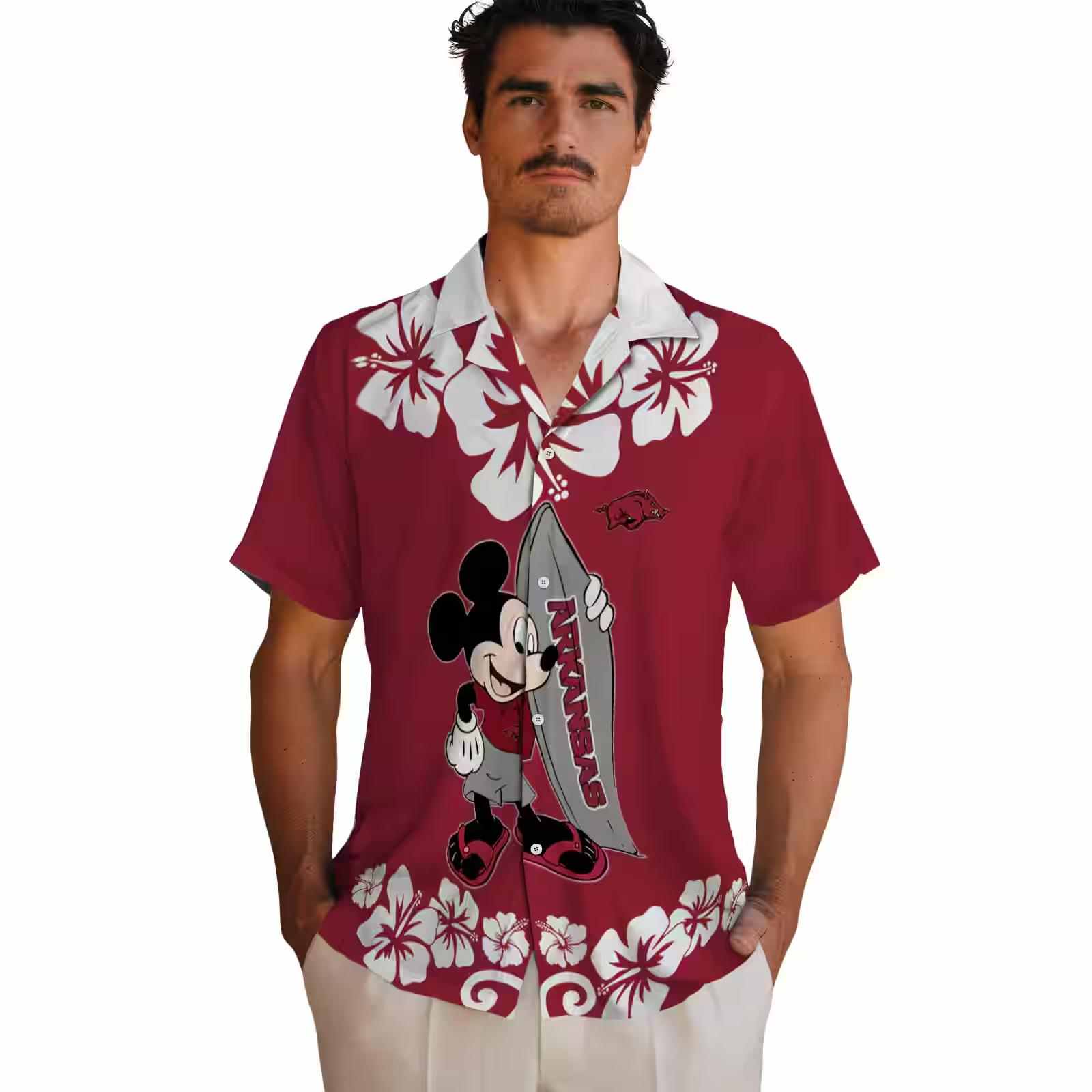 arkansas razorbacks surfing mickey red hawaiian shirt fashion forward