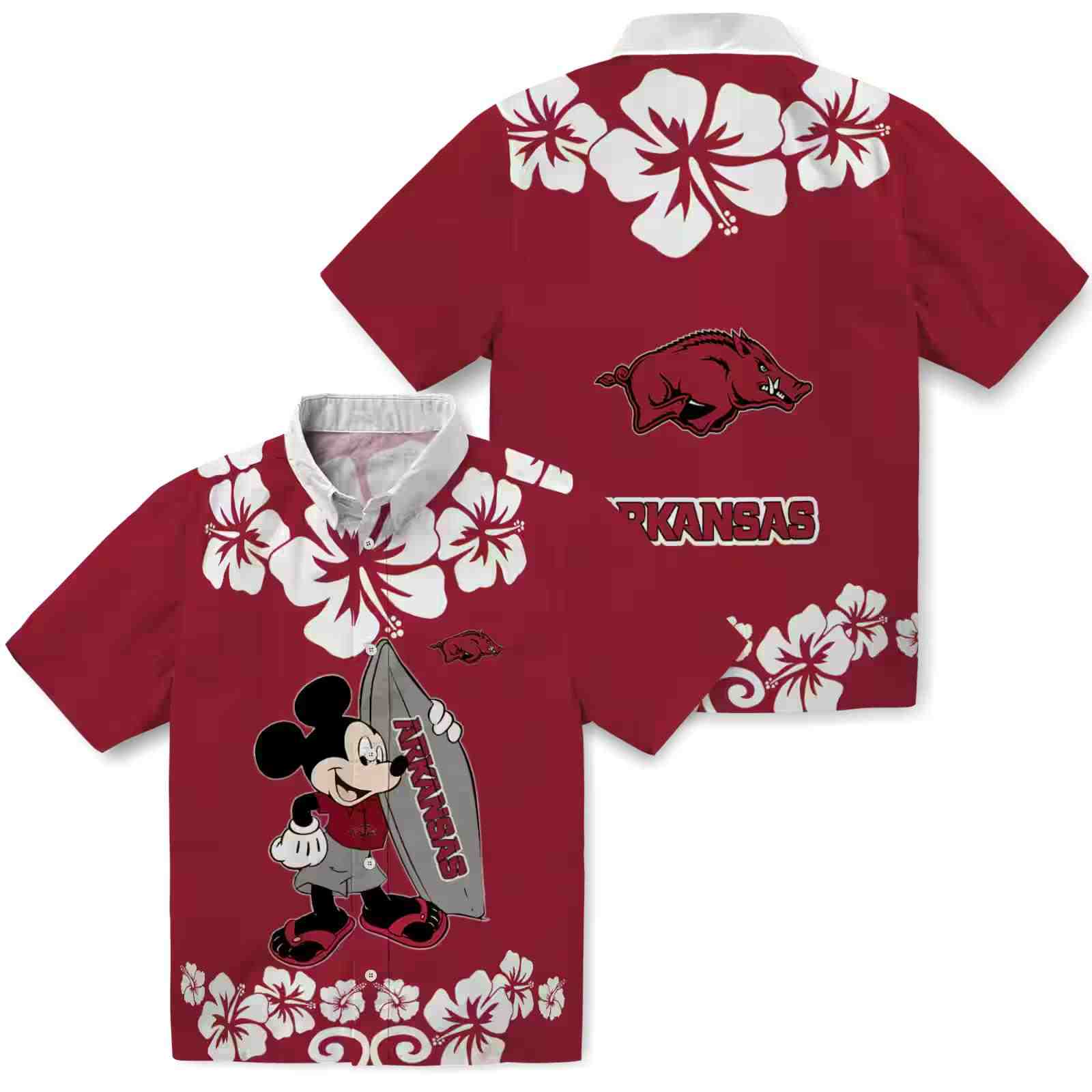 arkansas razorbacks surfing mickey red hawaiian shirt high quality