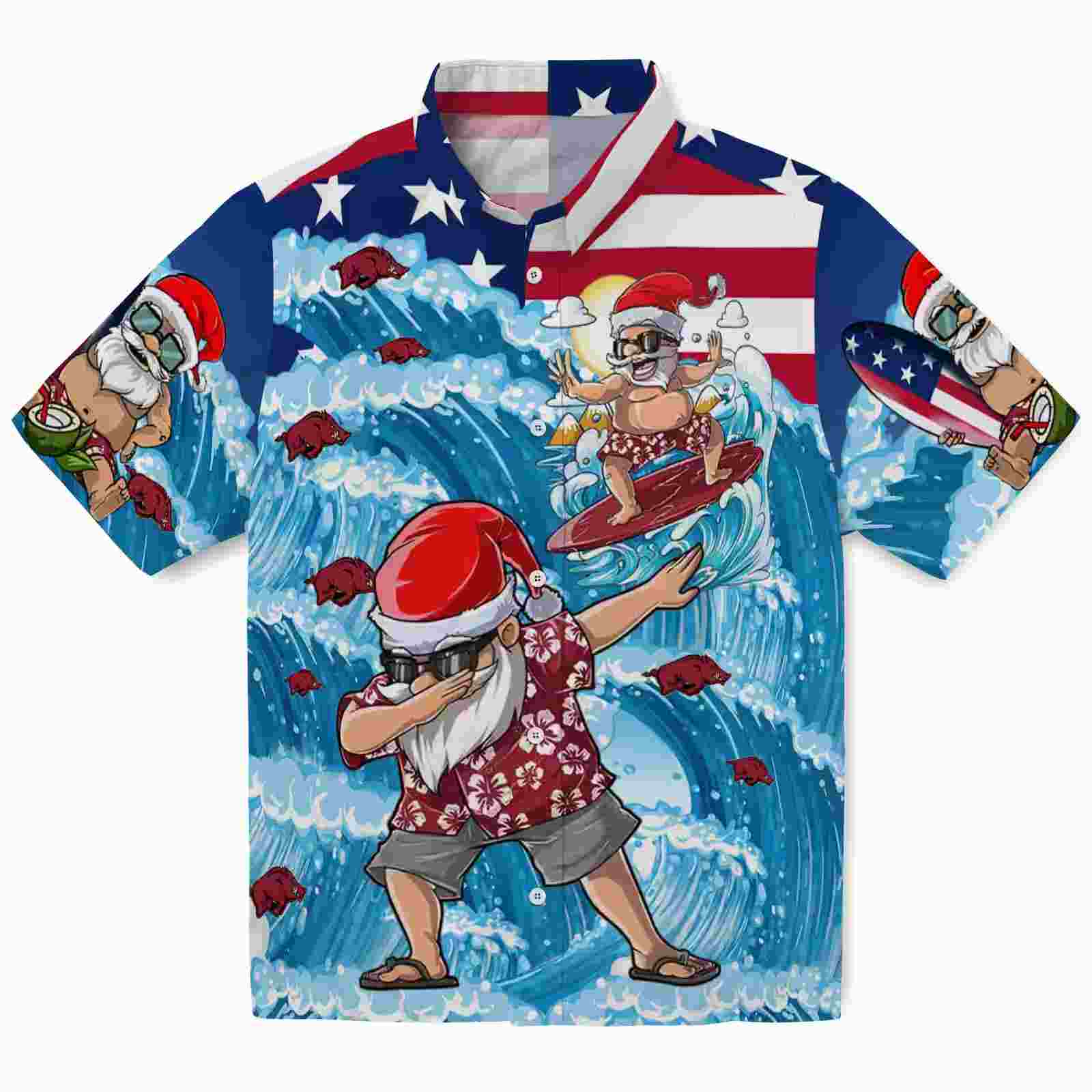 Arkansas Razorbacks Surfing Santa Blue Hawaiian Shirt