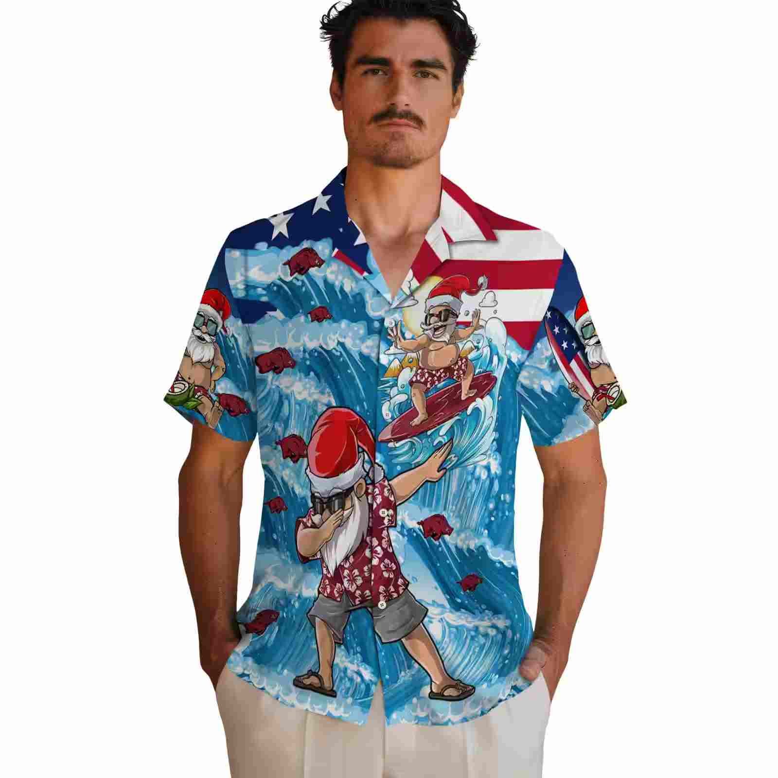 arkansas razorbacks surfing santa blue hawaiian shirt fashion forward