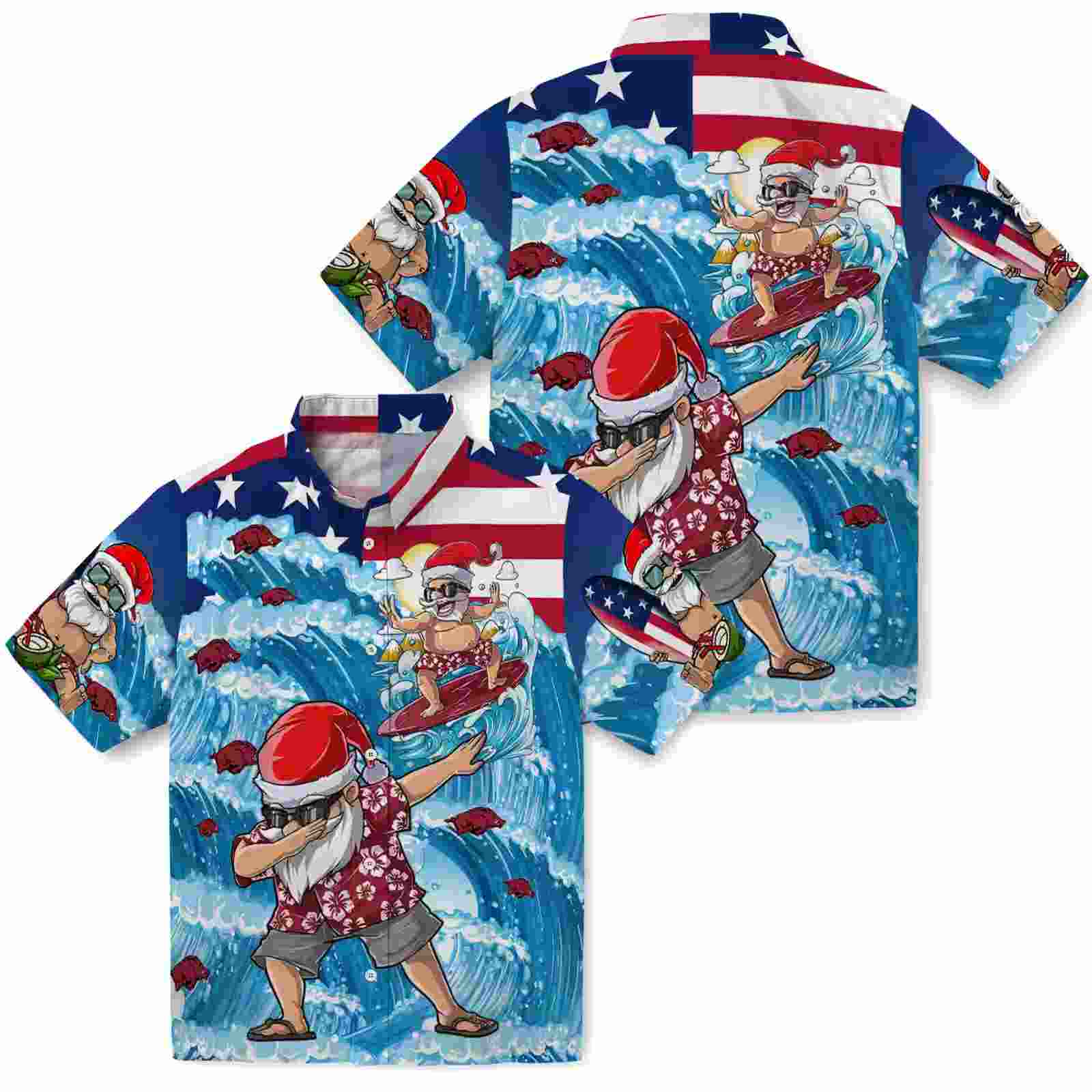 arkansas razorbacks surfing santa blue hawaiian shirt high quality