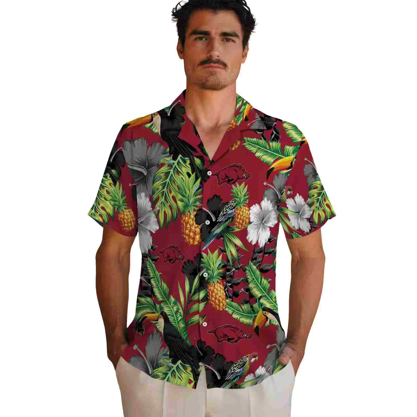 arkansas razorbacks toucan hibiscus pineapple red green hawaiian shirt fashion forward