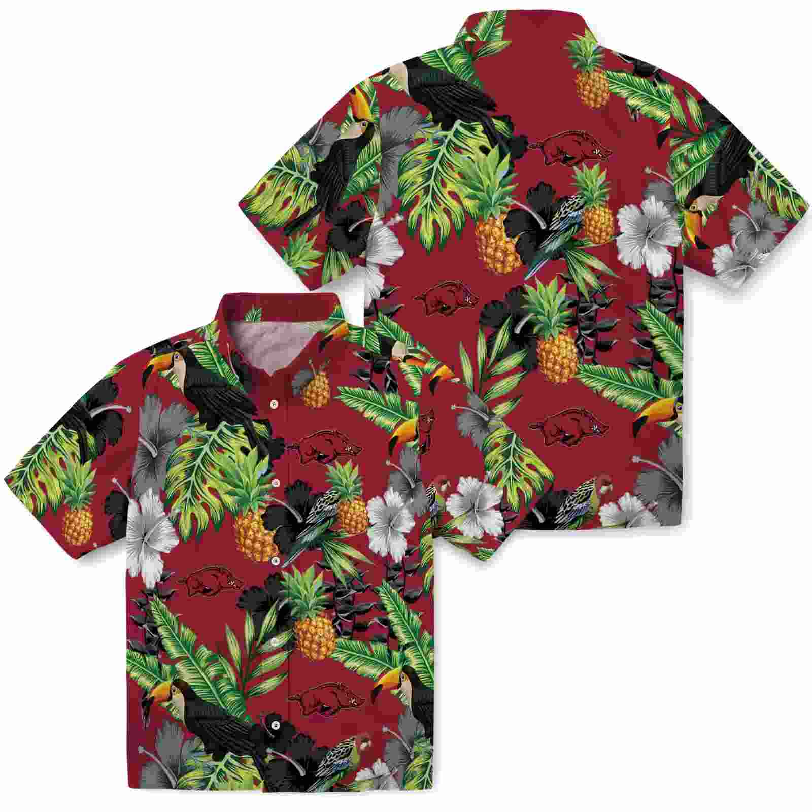 arkansas razorbacks toucan hibiscus pineapple red green hawaiian shirt high quality