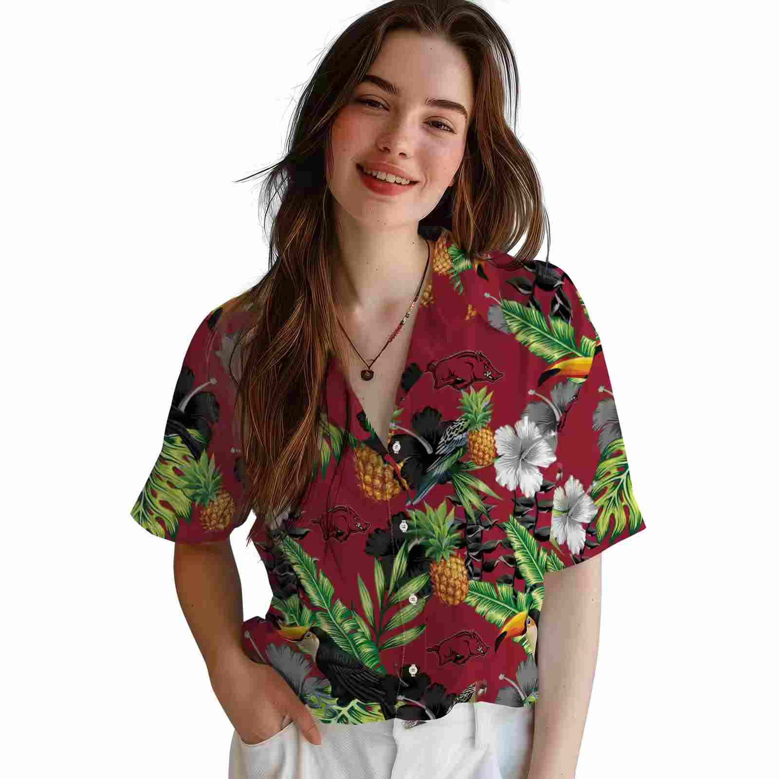 arkansas razorbacks toucan hibiscus pineapple red green hawaiian shirt latest model