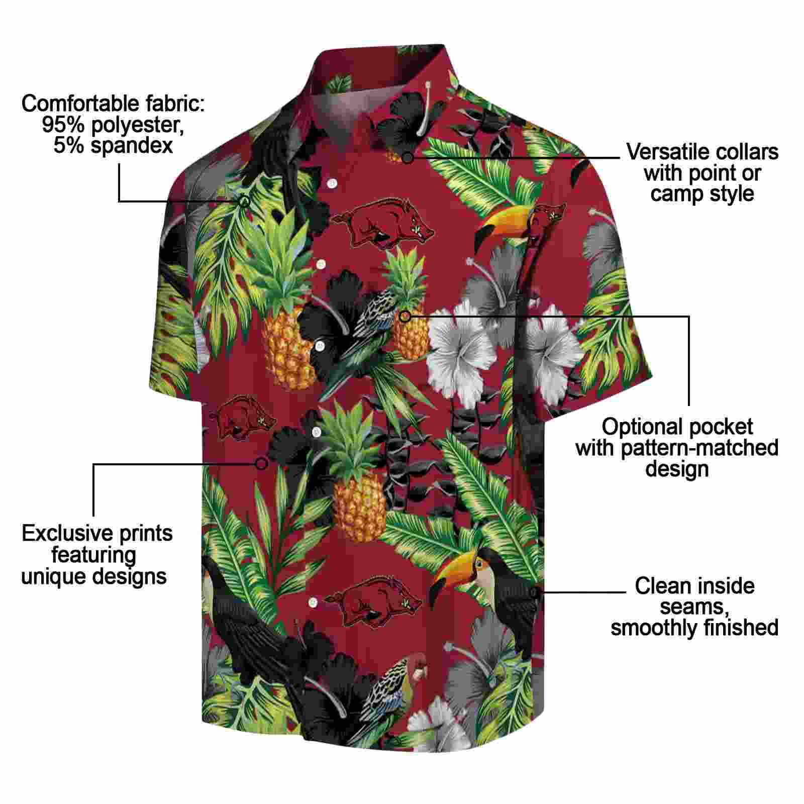 arkansas razorbacks toucan hibiscus pineapple red green hawaiian shirt new arrival