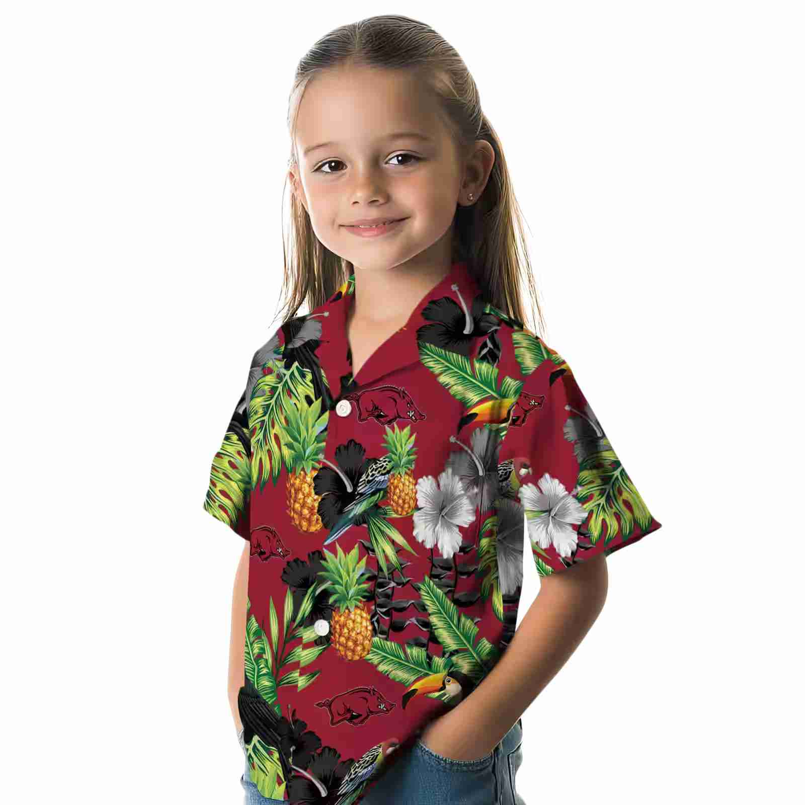 arkansas razorbacks toucan hibiscus pineapple red green hawaiian shirt premium grade