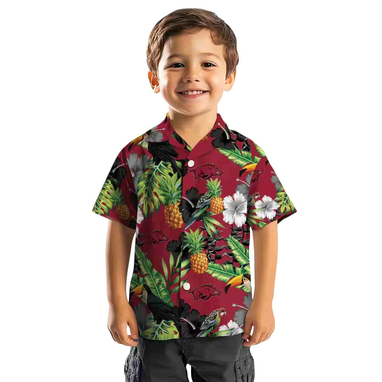 arkansas razorbacks toucan hibiscus pineapple red green hawaiian shirt top rated