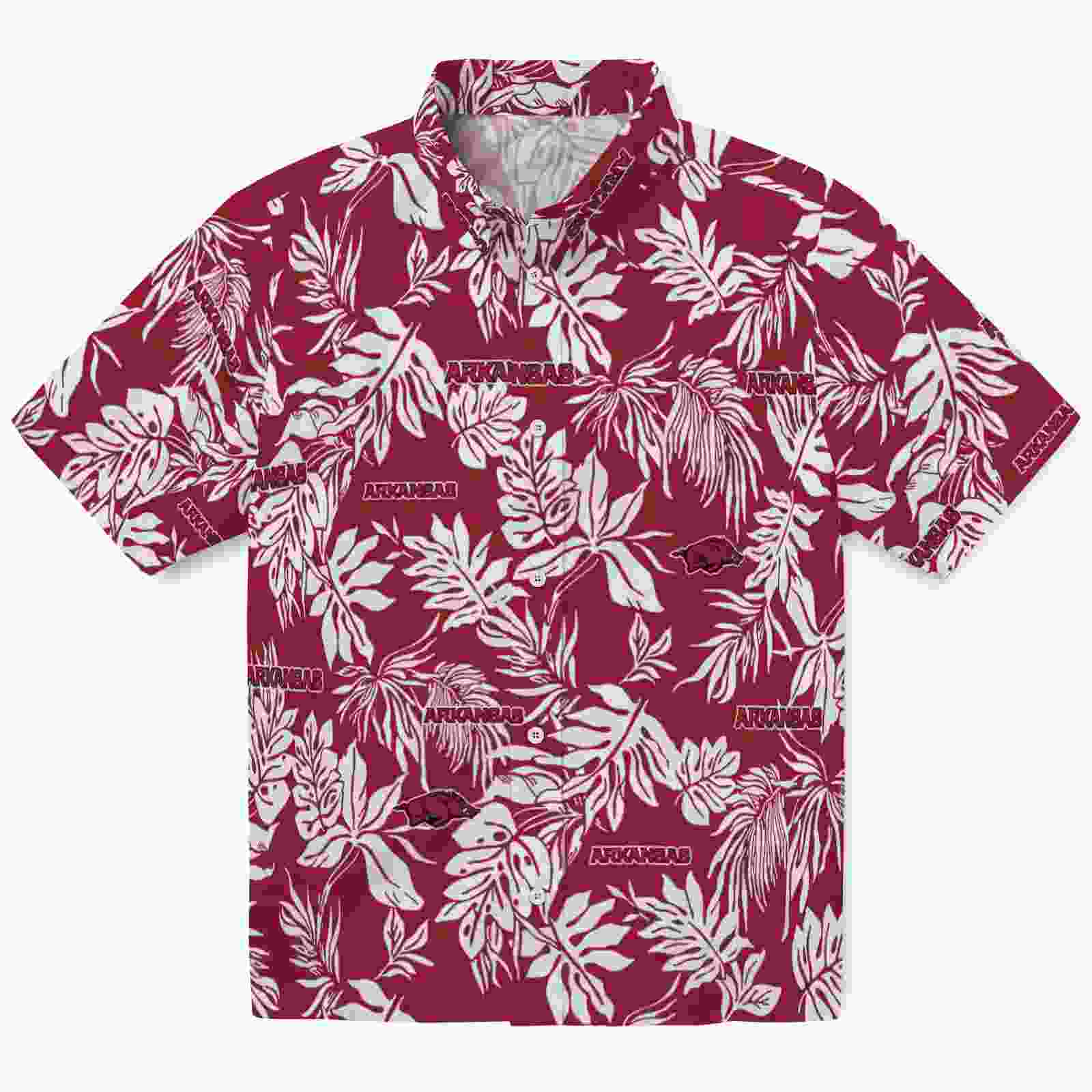 Arkansas Razorbacks Tropical Leaf Red White Hawaiian Shirt