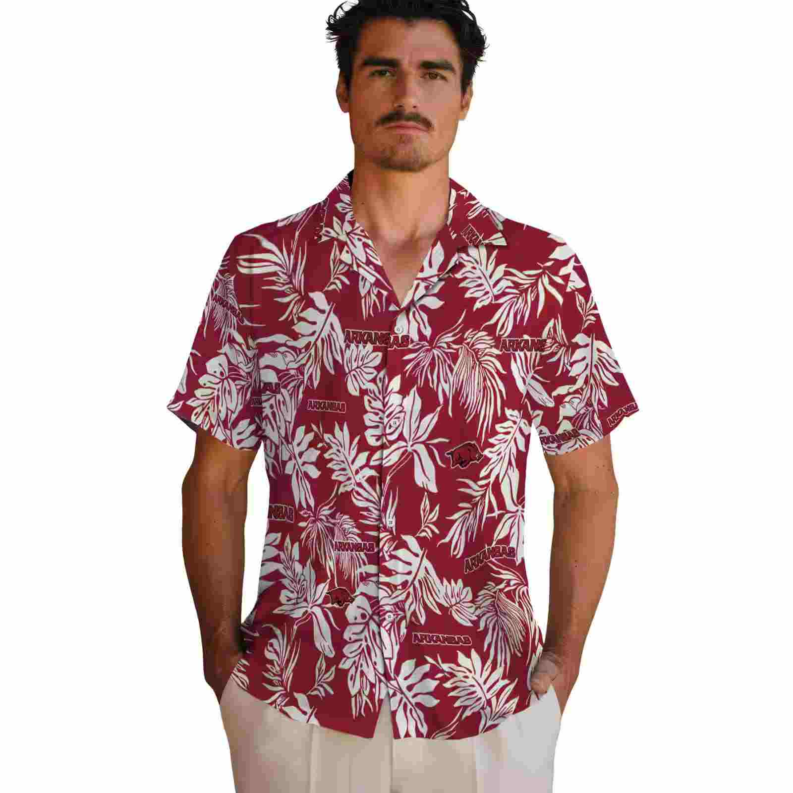 arkansas razorbacks tropical leaf red white hawaiian shirt fashion forward