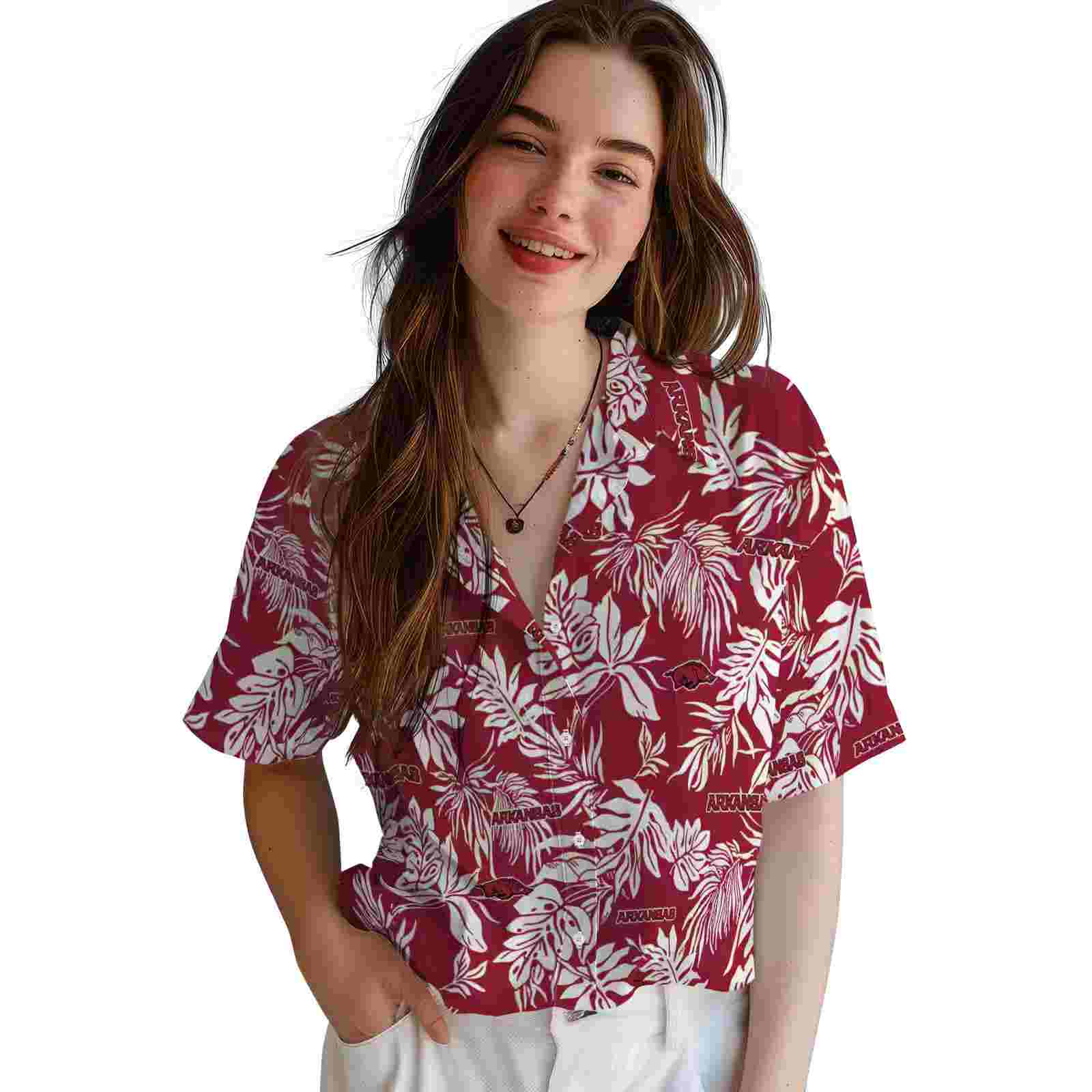 arkansas razorbacks tropical leaf red white hawaiian shirt latest model