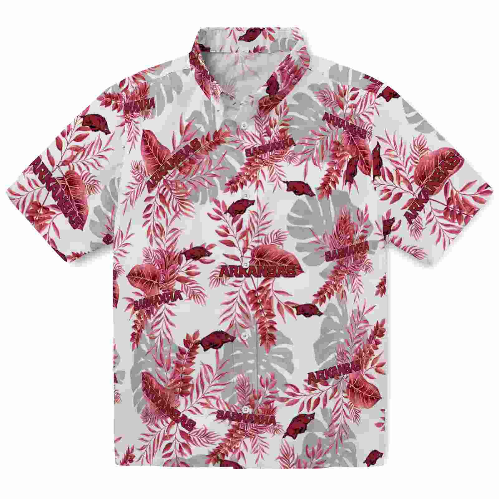 Arkansas Razorbacks Tropical Leaves Red White Hawaiian Shirt