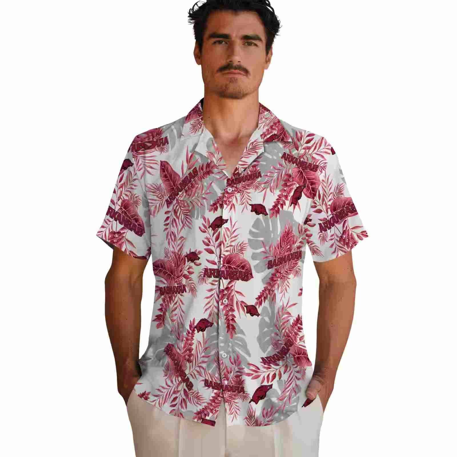 arkansas razorbacks tropical leaves red white hawaiian shirt fashion forward