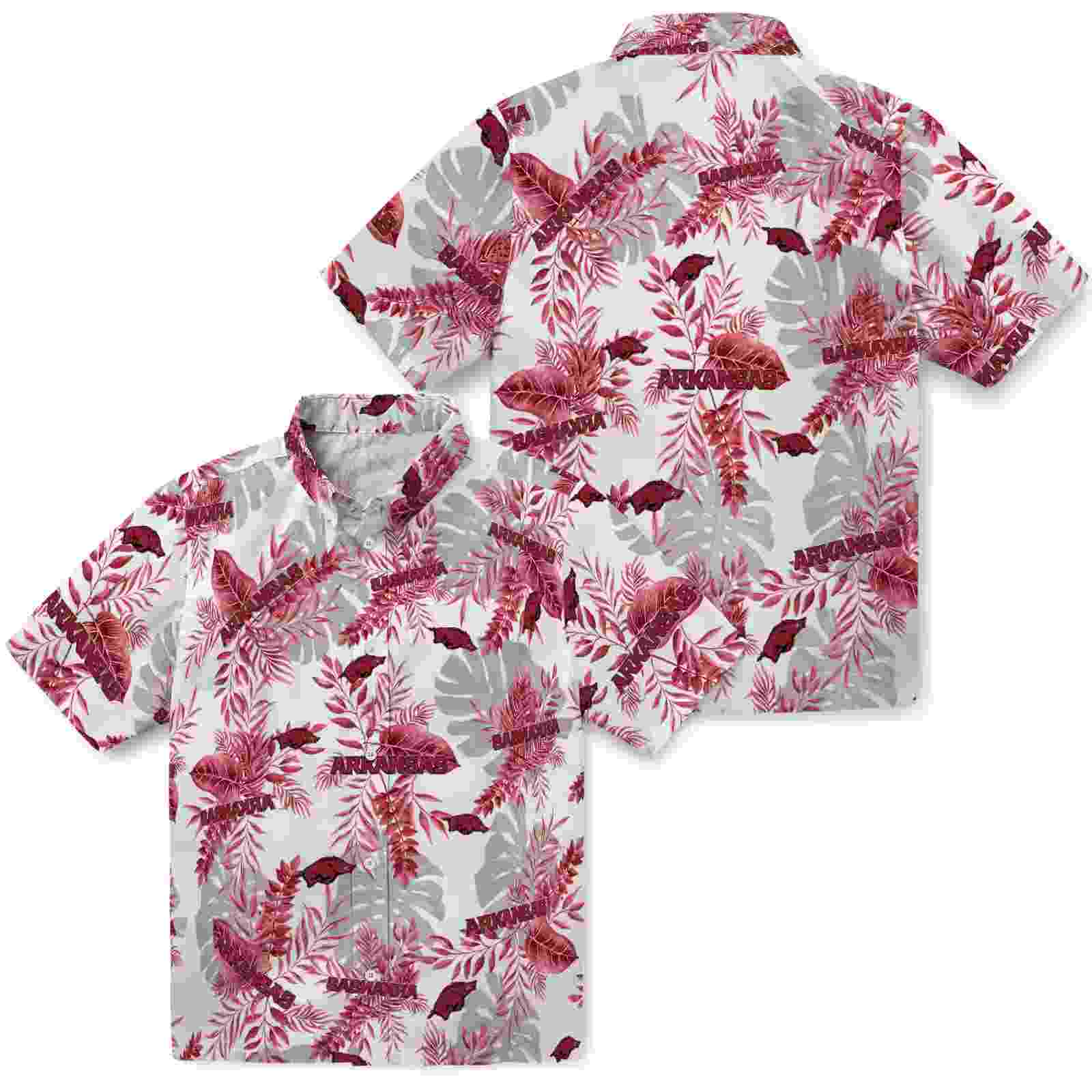 arkansas razorbacks tropical leaves red white hawaiian shirt high quality