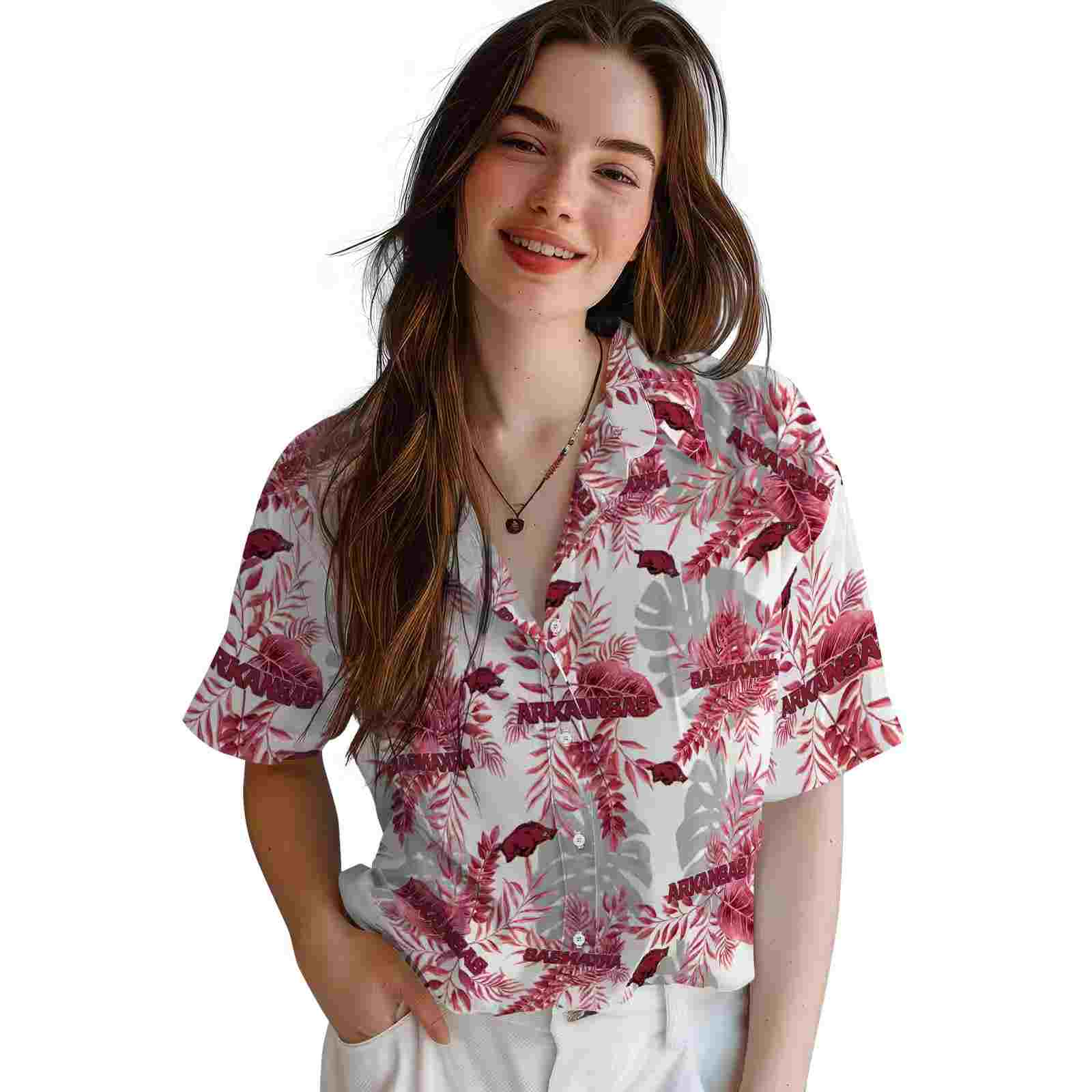 arkansas razorbacks tropical leaves red white hawaiian shirt latest model