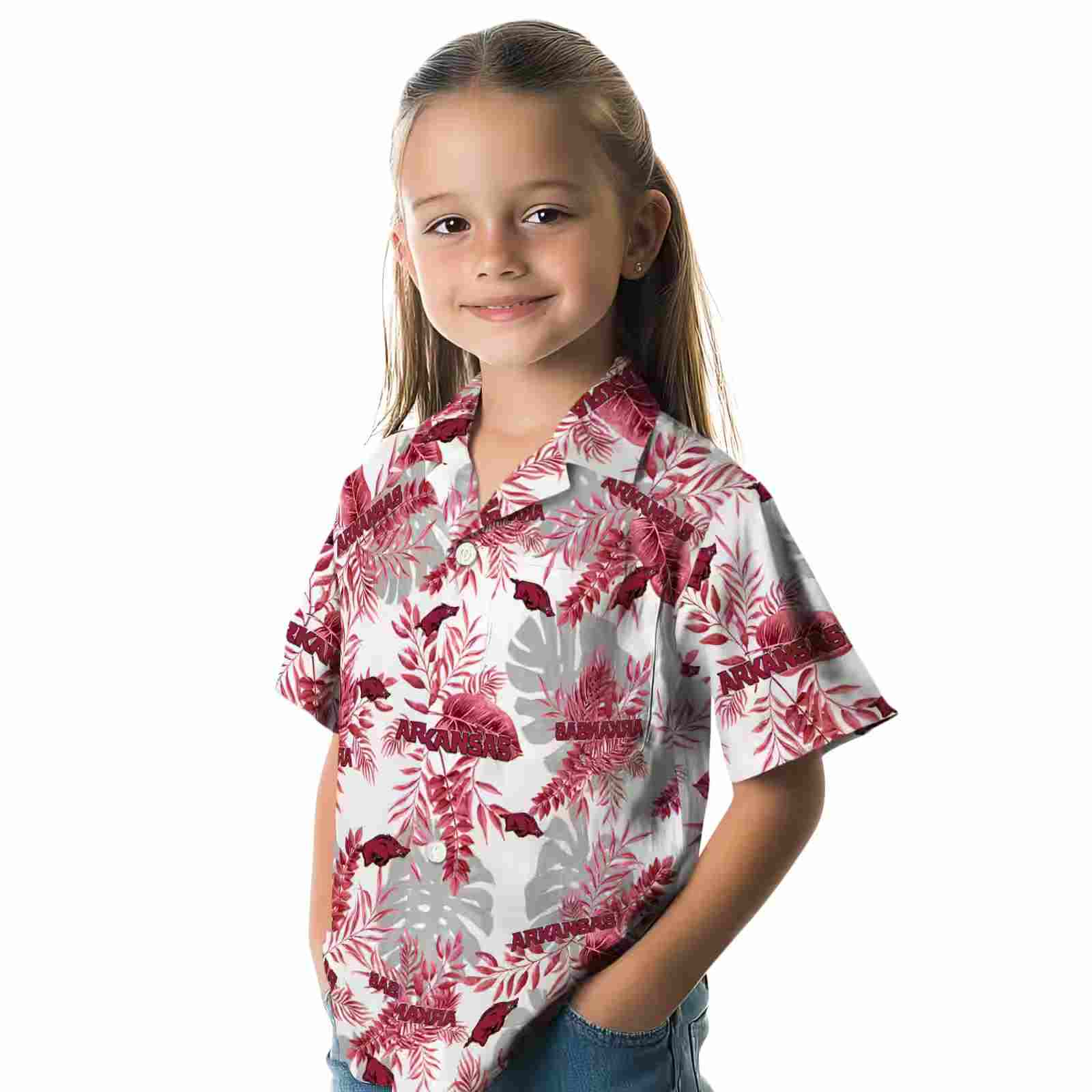 arkansas razorbacks tropical leaves red white hawaiian shirt premium grade