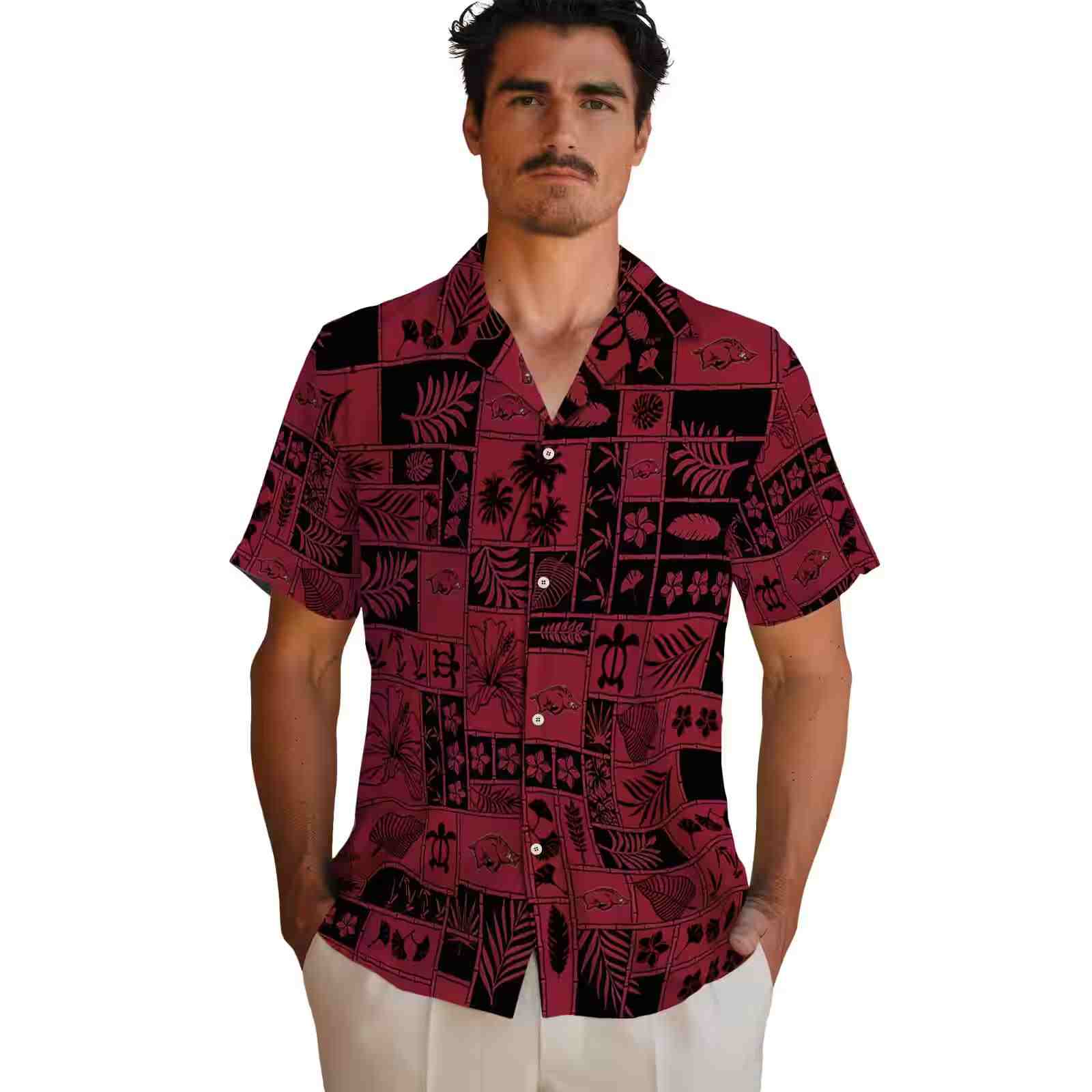 arkansas razorbacks tropical patchwork red black hawaiian shirt fashion forward