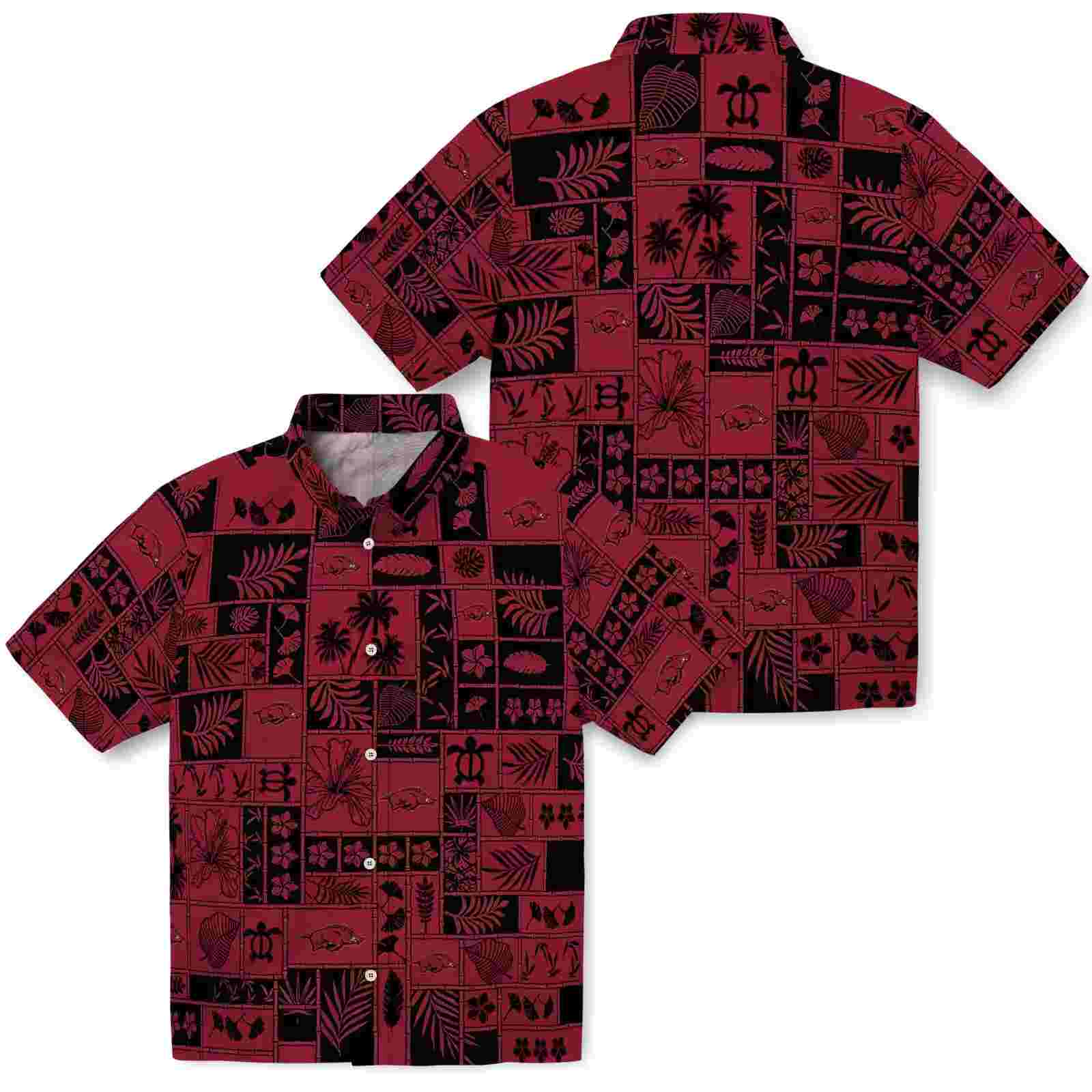 arkansas razorbacks tropical patchwork red black hawaiian shirt high quality