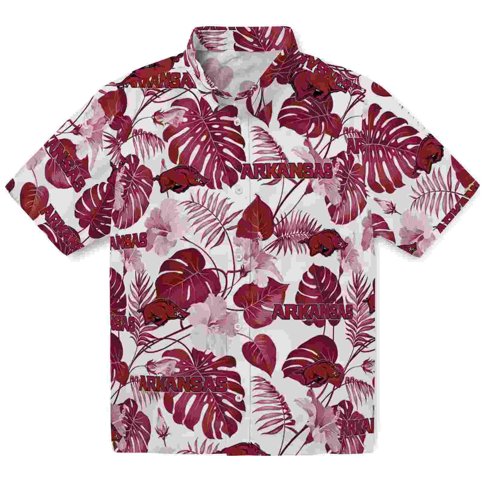 Arkansas Razorbacks Tropical Plants Red White Hawaiian Shirt