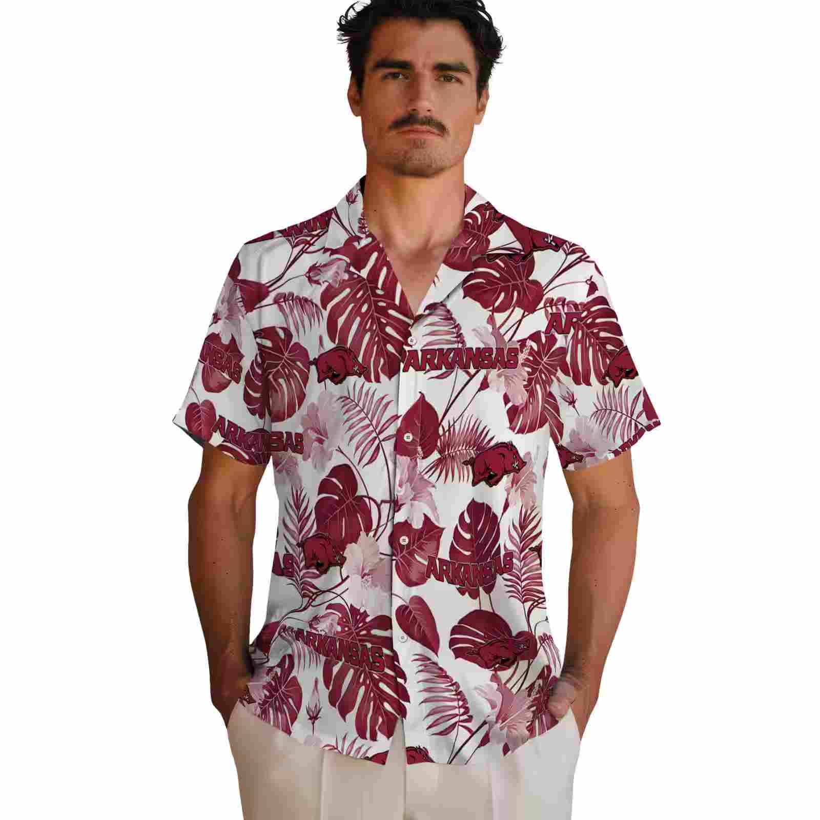 arkansas razorbacks tropical plants red white hawaiian shirt fashion forward