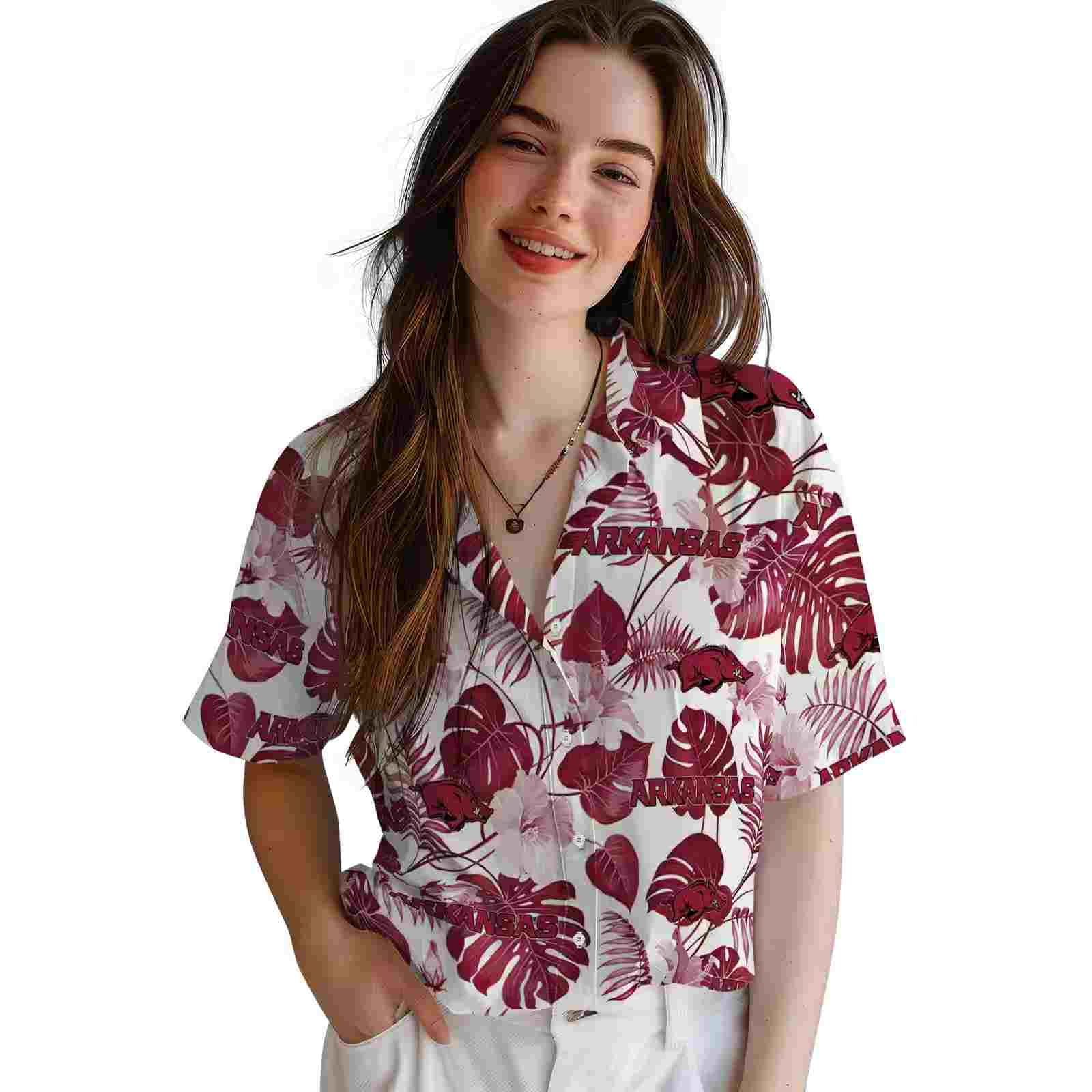 arkansas razorbacks tropical plants red white hawaiian shirt latest model