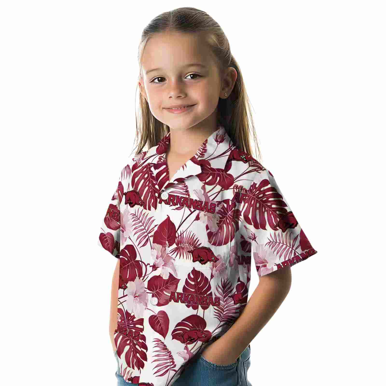 arkansas razorbacks tropical plants red white hawaiian shirt premium grade