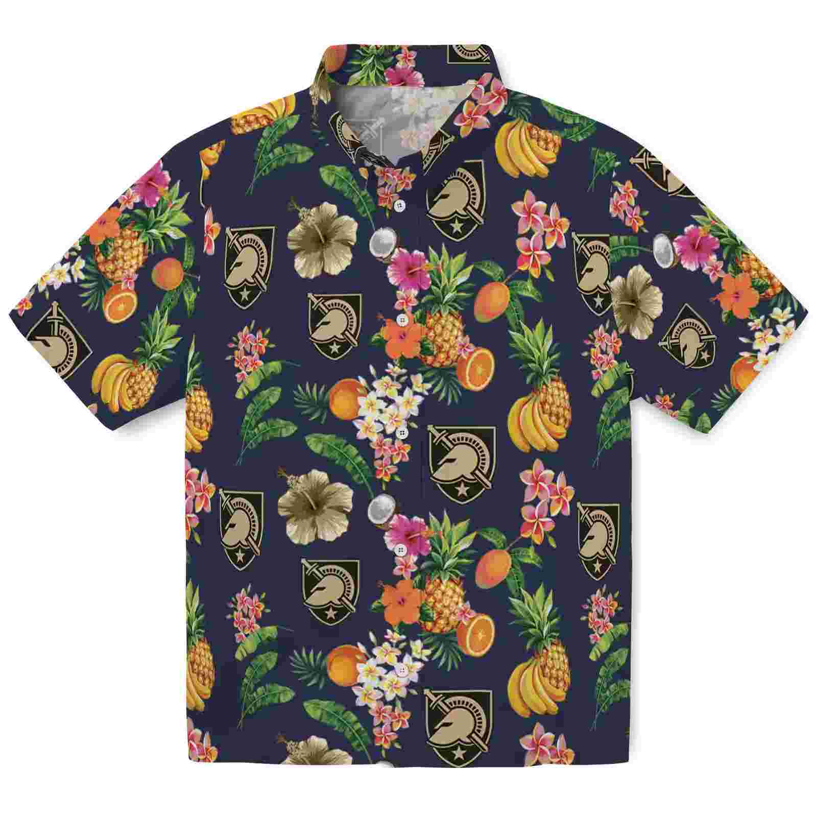 Army Black Knights Hibiscus And Fruit Navy Blue Hawaiian Shirt