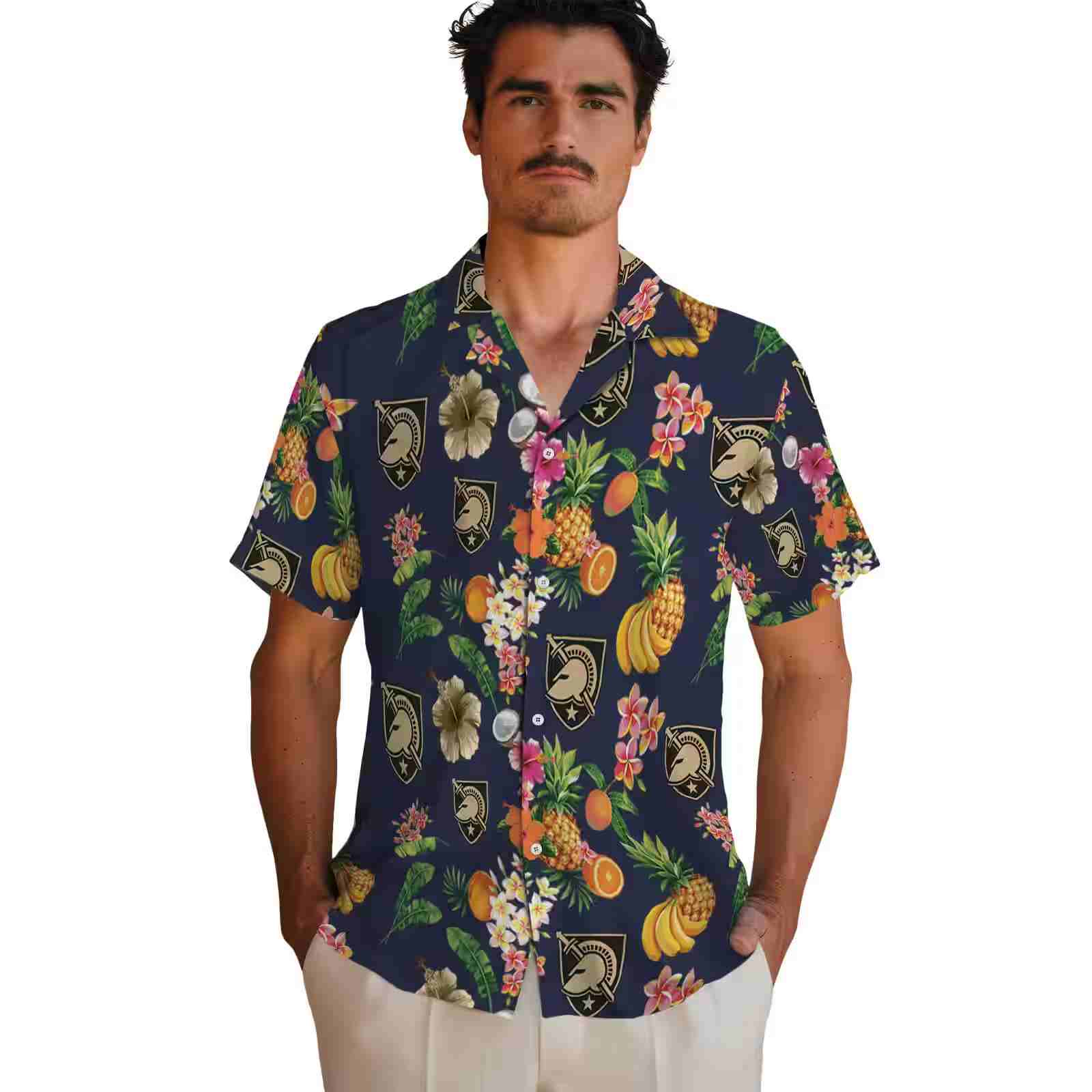 army black knights hibiscus and fruit navy blue hawaiian shirt fashion forward