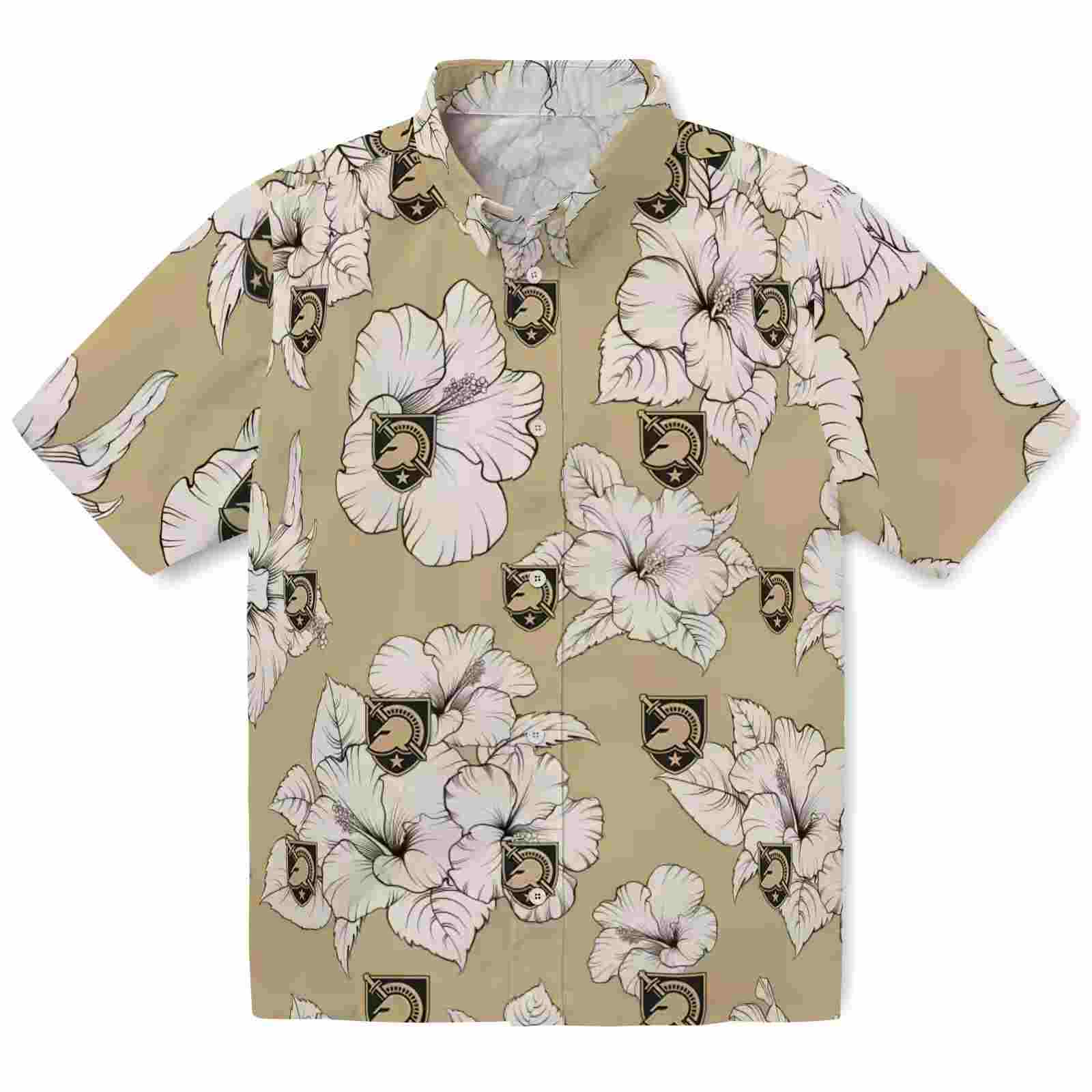 Army Black Knights Hibiscus Blooms Gold White Hawaiian Shirt