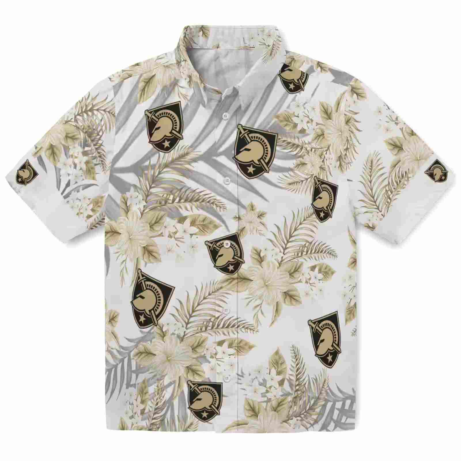 Army Black Knights Hibiscus Palm Leaves Gold White Hawaiian Shirt