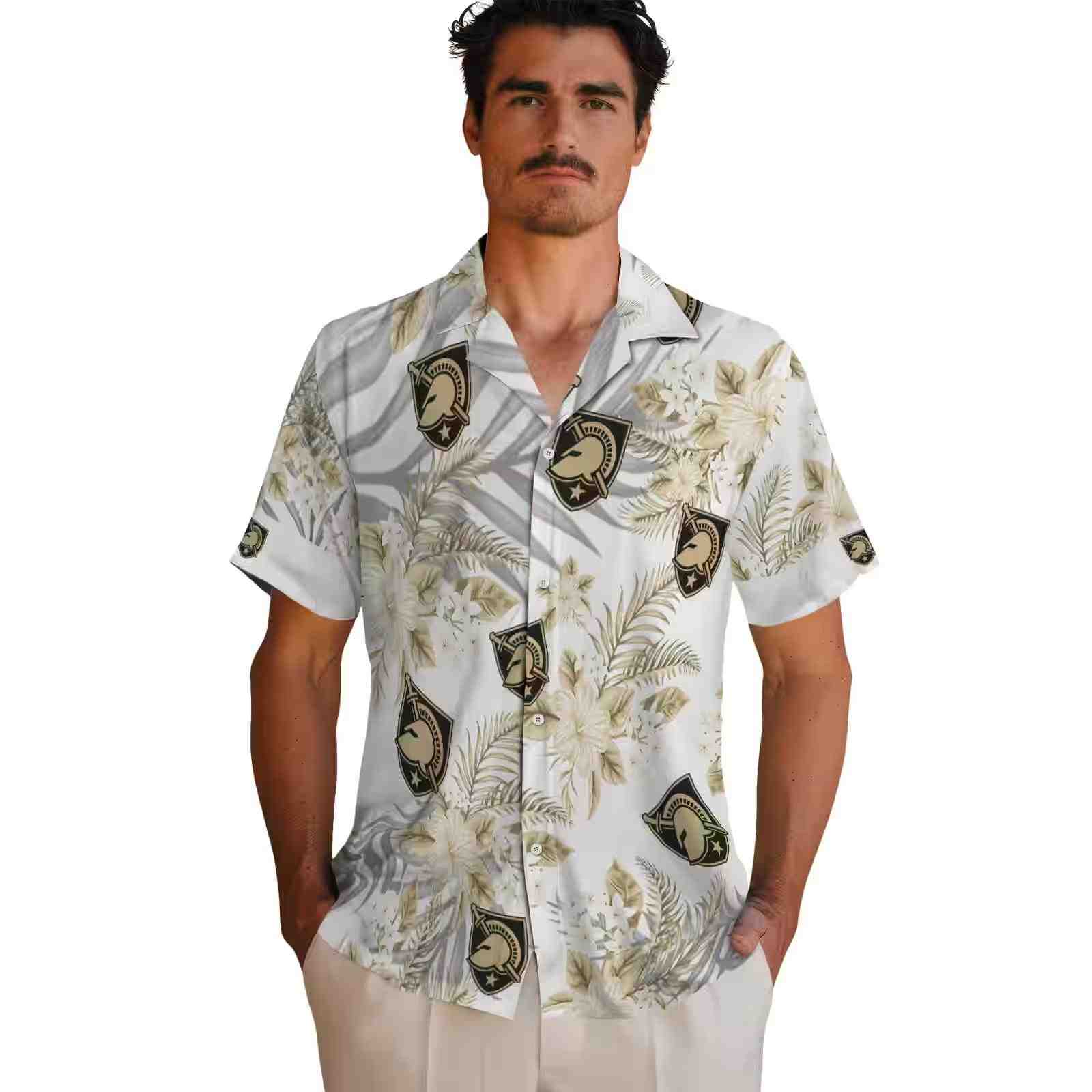 army black knights hibiscus palm leaves gold white hawaiian shirt fashion forward