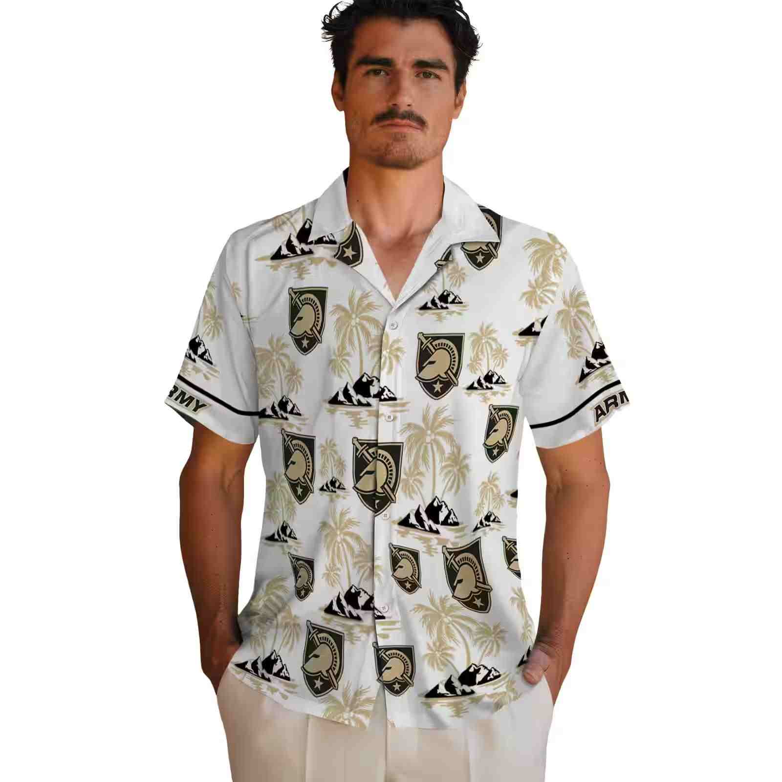 army black knights palm island print gold white hawaiian shirt fashion forward