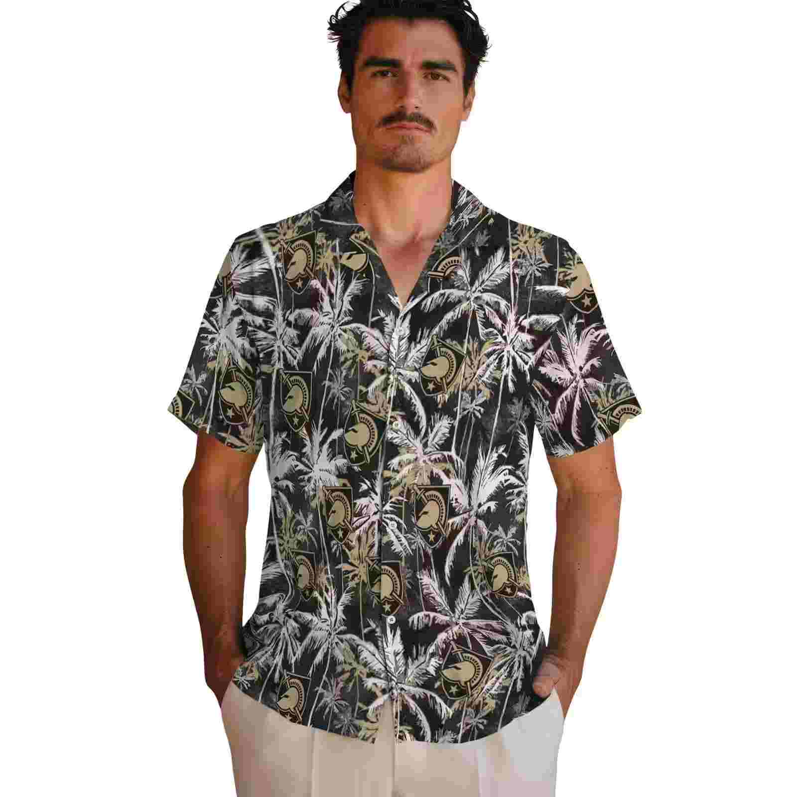 army black knights palm pattern gold black hawaiian shirt fashion forward