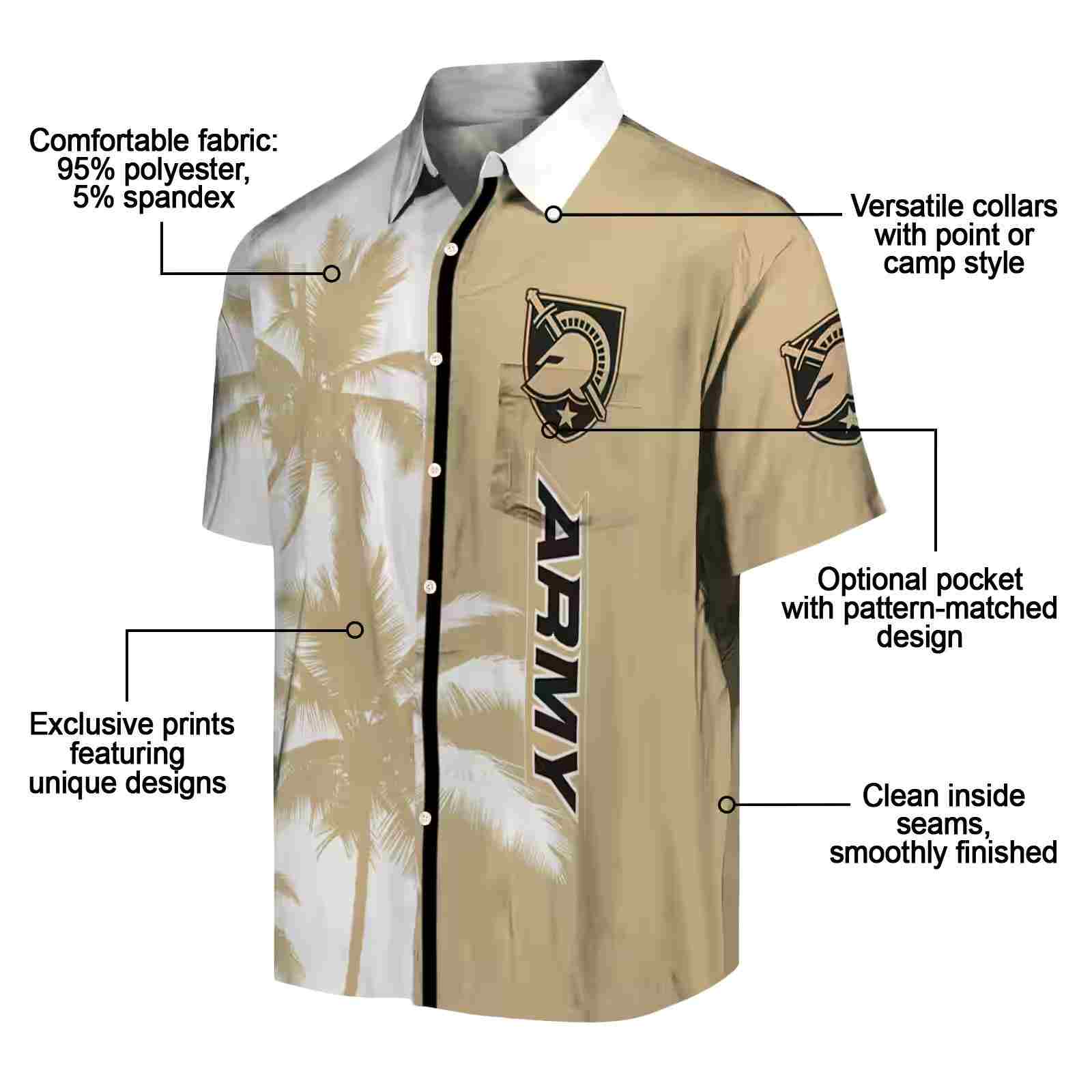 army black knights palm trees gold white hawaiian shirt new arrival