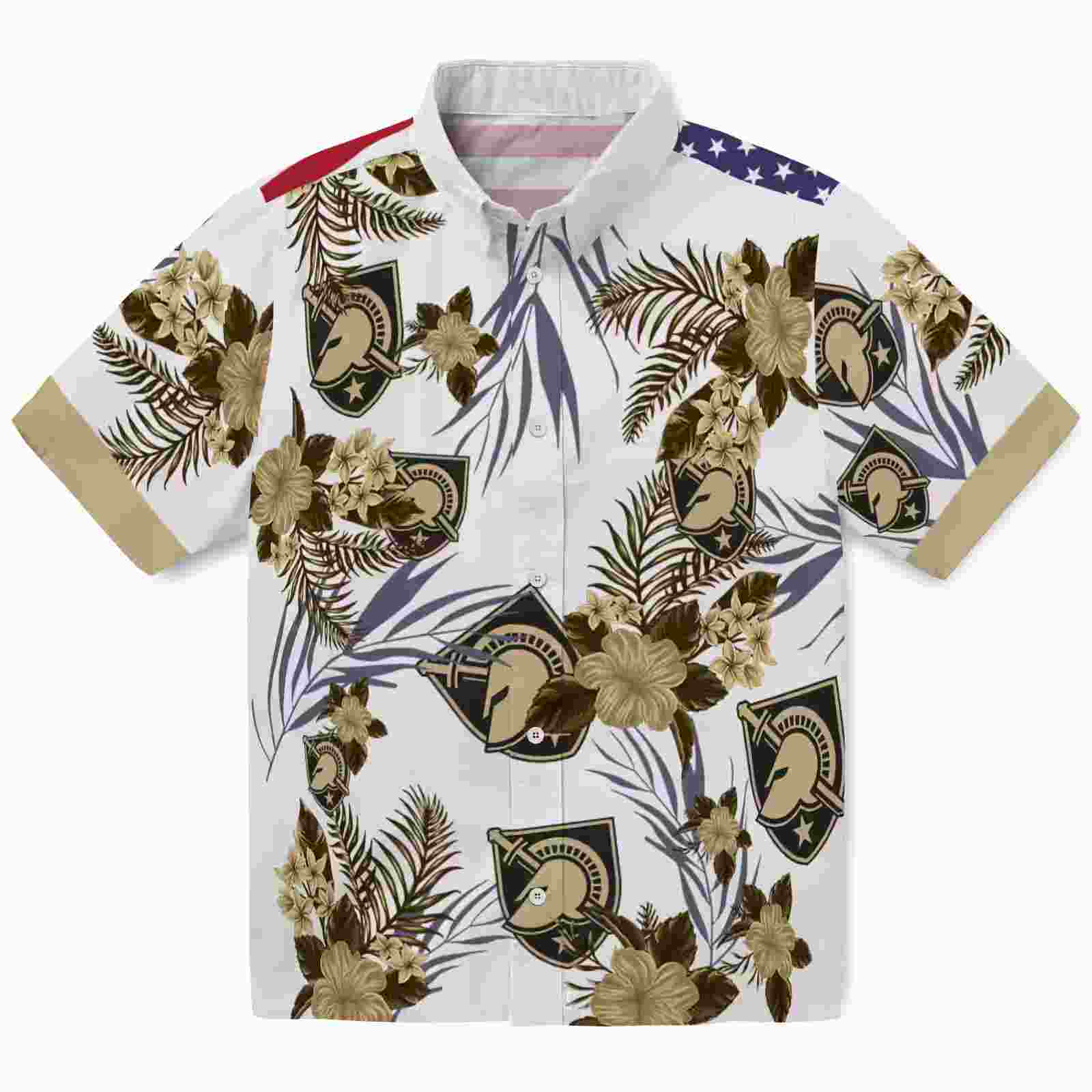 Army Black Knights Patriotic Hibiscus Design Gold White Hawaiian Shirt